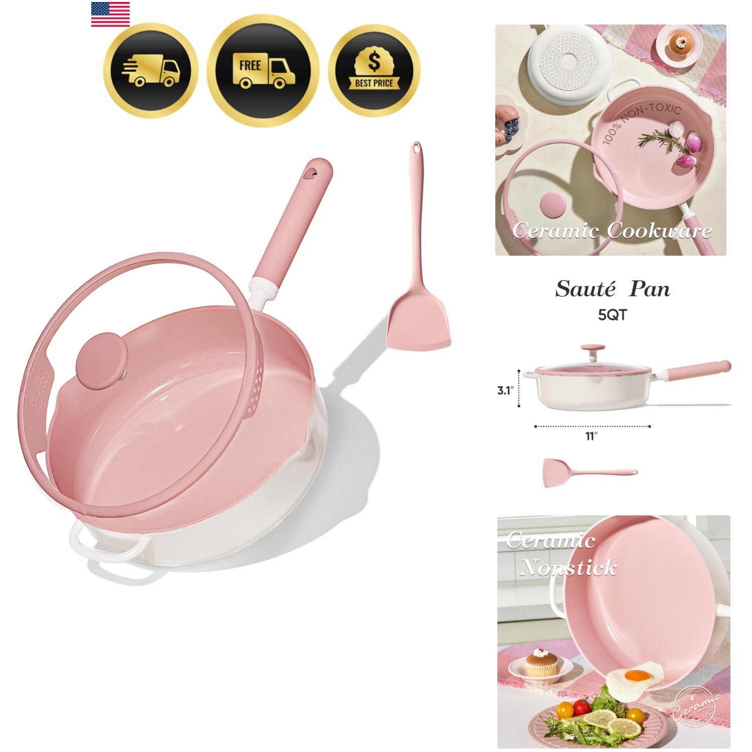 11 Inch Nonstick Deep Frying Pan with Lid, 5 Qt Chef Saute Pan with Pour Spou…