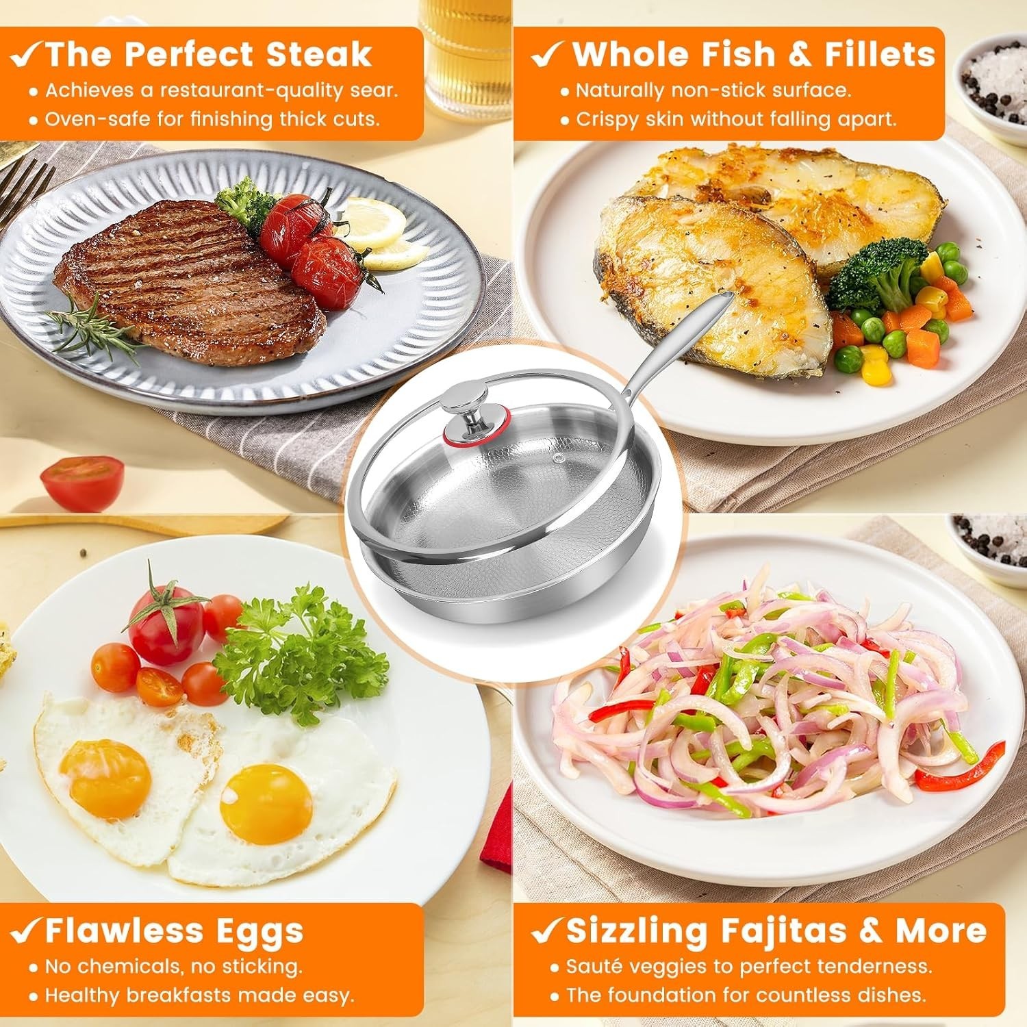 Hammered Texture Titanium Frying Pan with Glass Lid for Gas Electric Induction