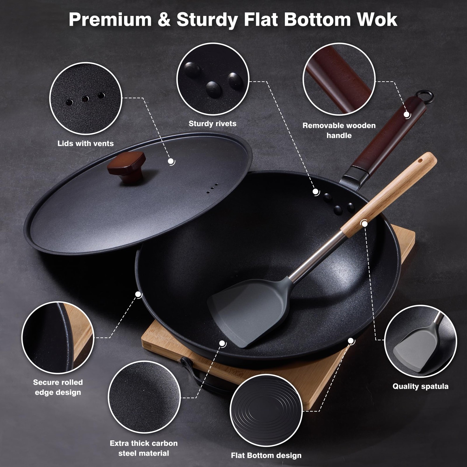 13 Inch Carbon Steel Flat Bottom Wok Pan With Lid Spatula Dish Brush Nonstick