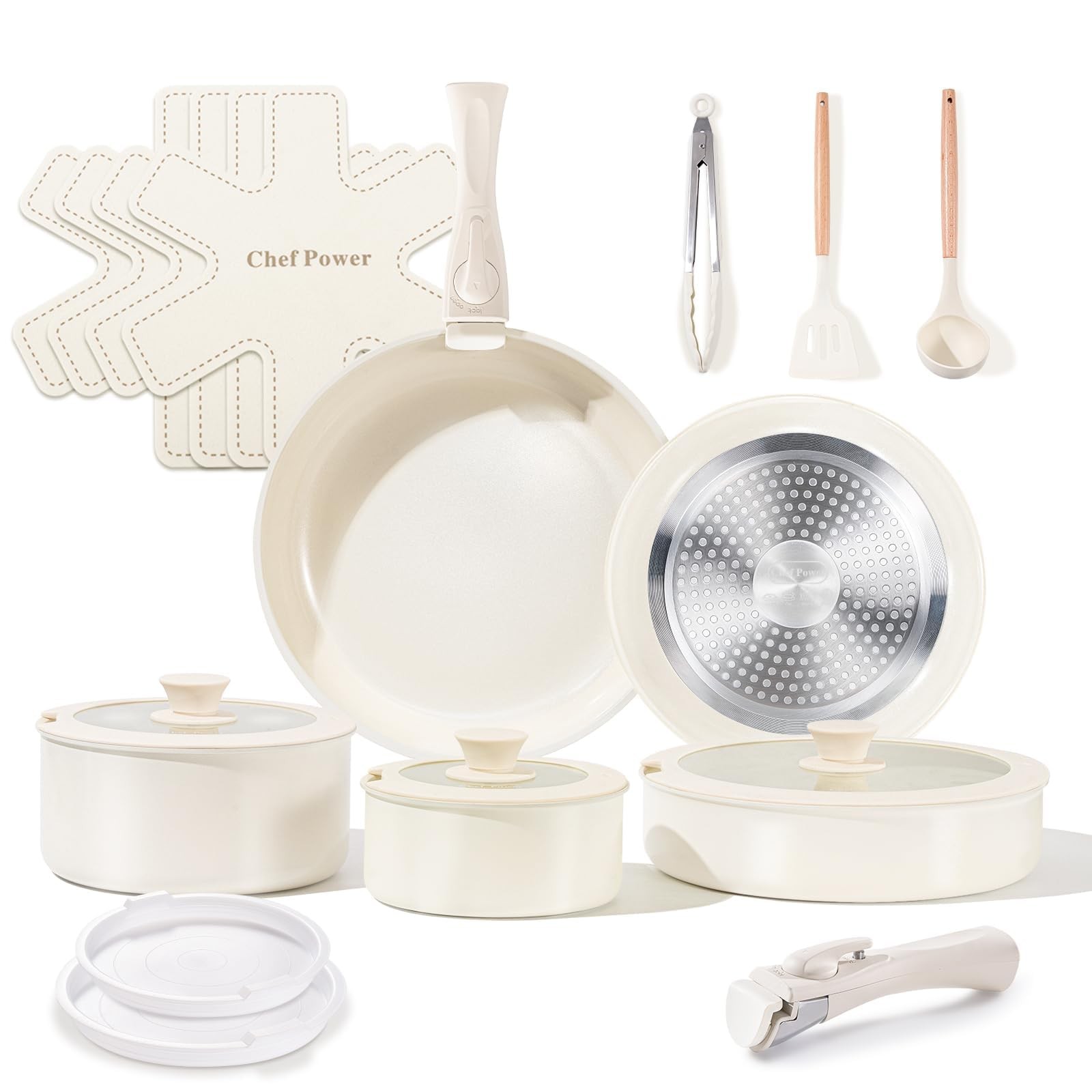 Ceramic Cookware Set Non Toxic with Detachable Handles, Healthy Nonstick Pans an