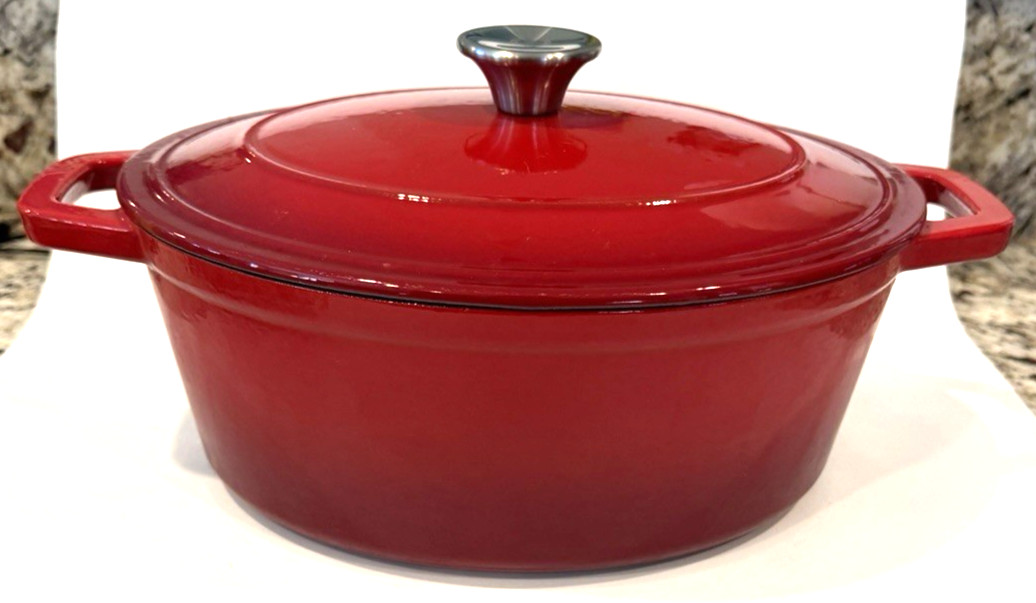 Crofton CAST IRON Red Cherry Ambre Enameled Lidded Oval Handles 4.6 QT Heavy