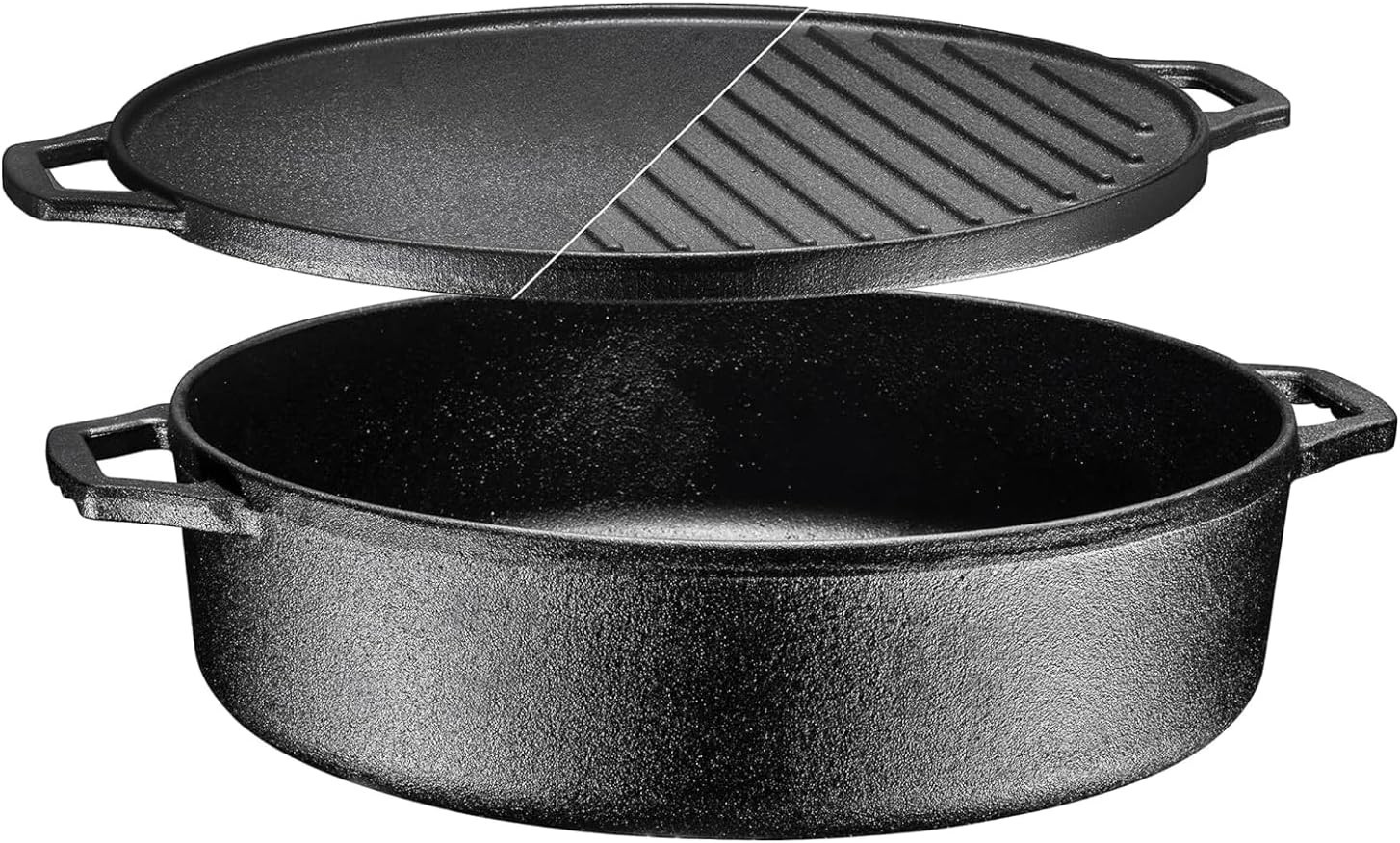 6.8 Quart Cast Iron Skillet W/ Reversible Grill Griddle Lid 3-in-1 Round