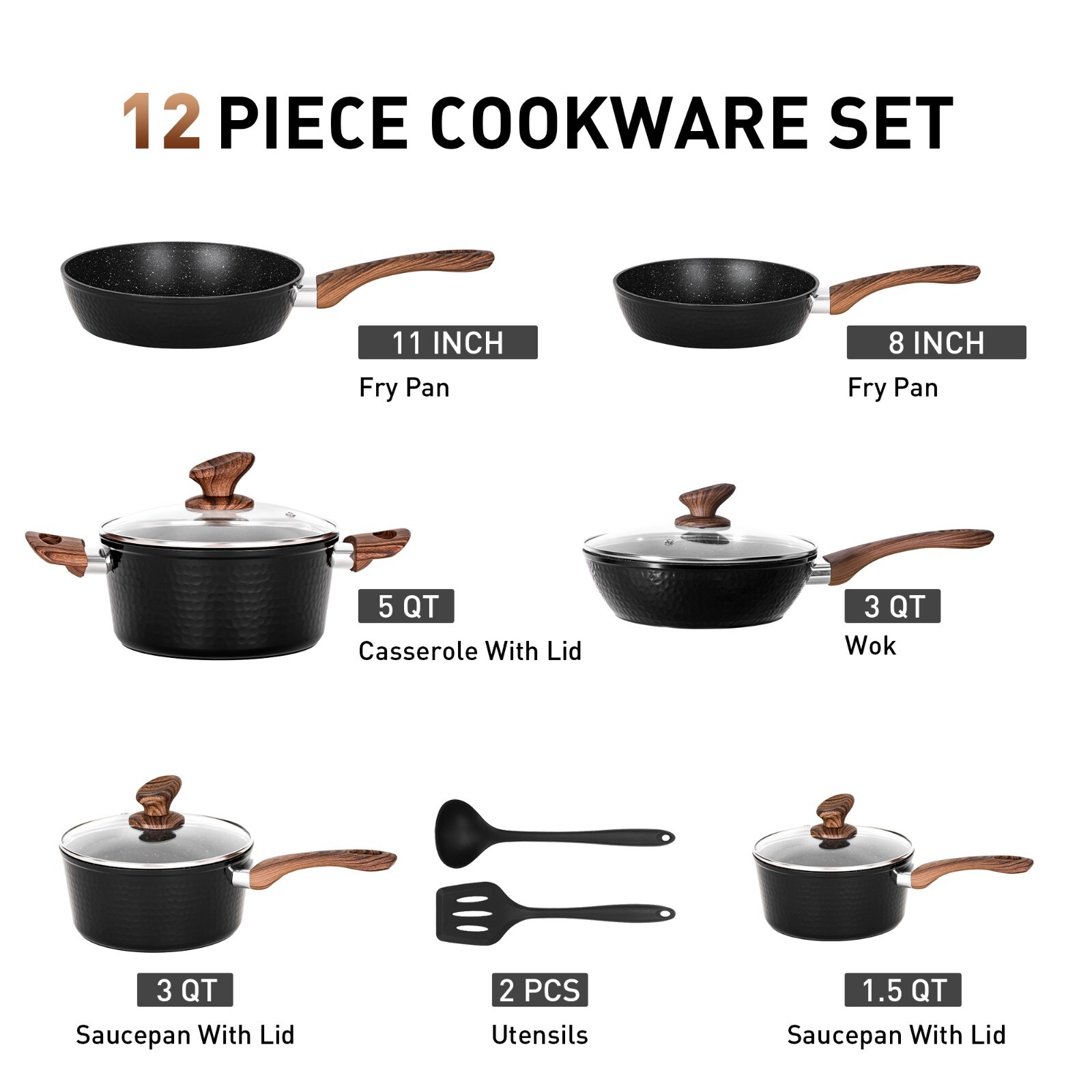 12 Pieces Induction Pots and Pans Set Nonstick Granite Stone Coated Cookware Set