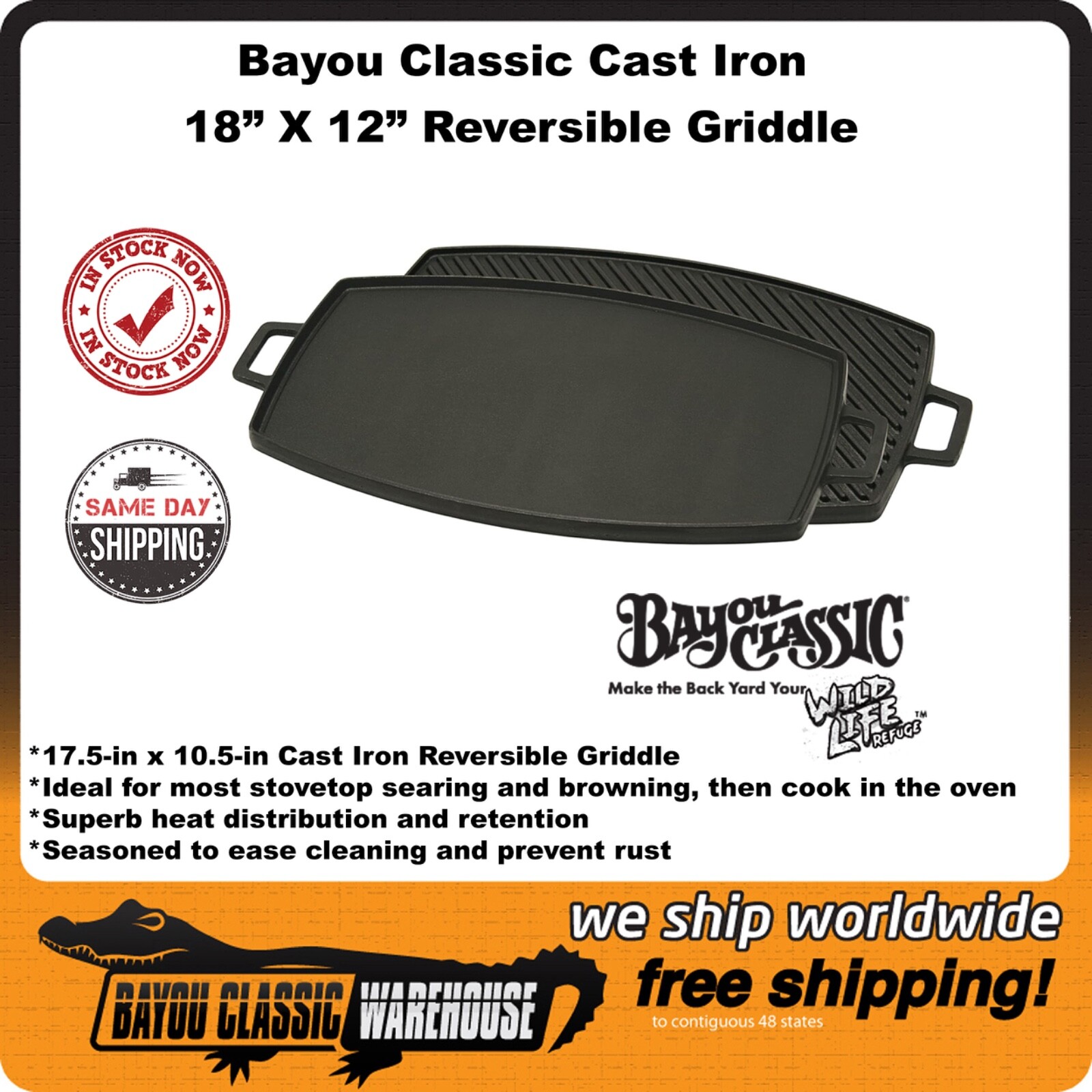 Cast Iron 17.5″ X 10.5″ Reversible Rectangular Griddle by Bayou Classic 7447