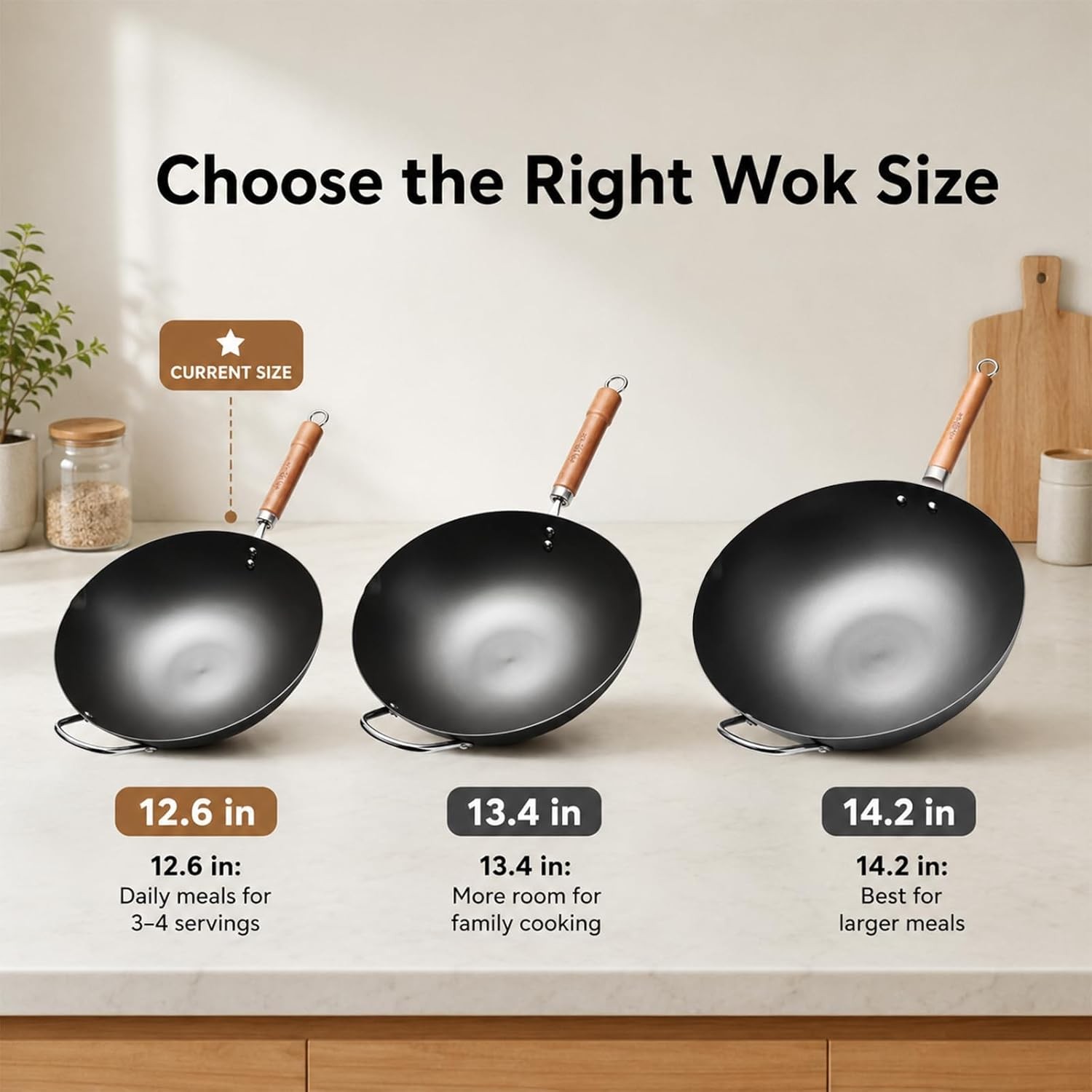 Carbon Steel Wok with Lid, 12.6 Inch Flat Bottom Wok Pan, Uncoated Stir Fry Pan