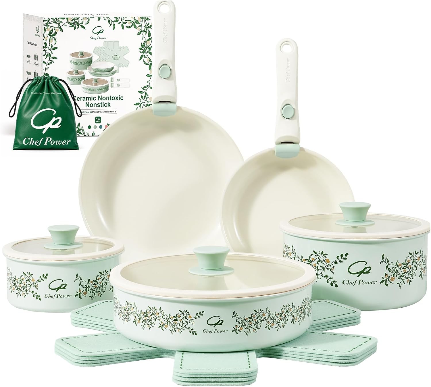Ceramic Cookware Set Non Toxic with Detachable Handles, Healthy Nonstick Decal