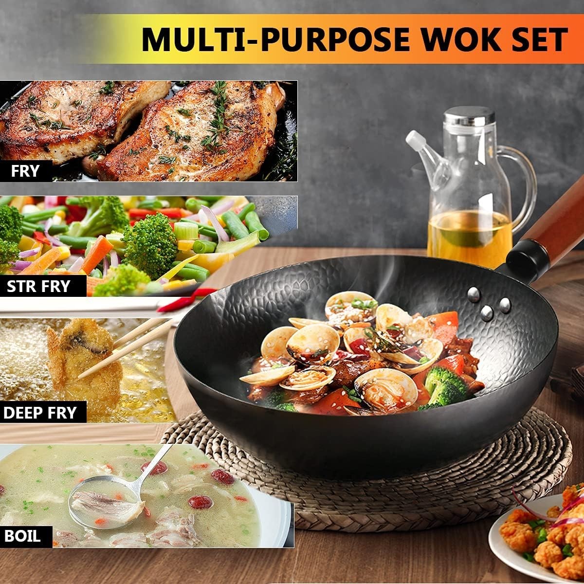 Family-Sized 14-Piece Carbon Steel Wok Set with Honeycomb Surface – 12.6-Inch