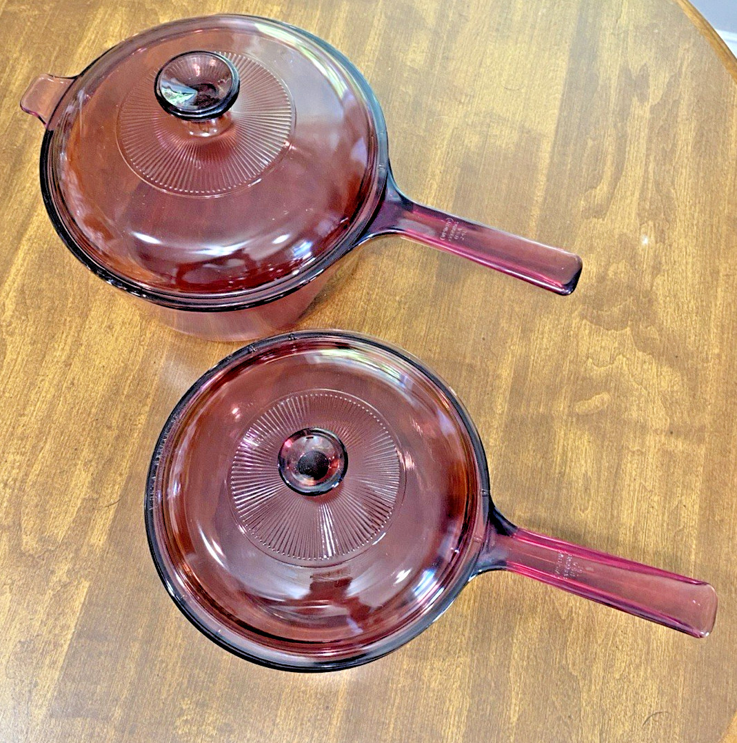 Vision Ware by CORNING Cranberry Cookware 1.5 L & 2.5L Saucepan Pots PYREX Lids