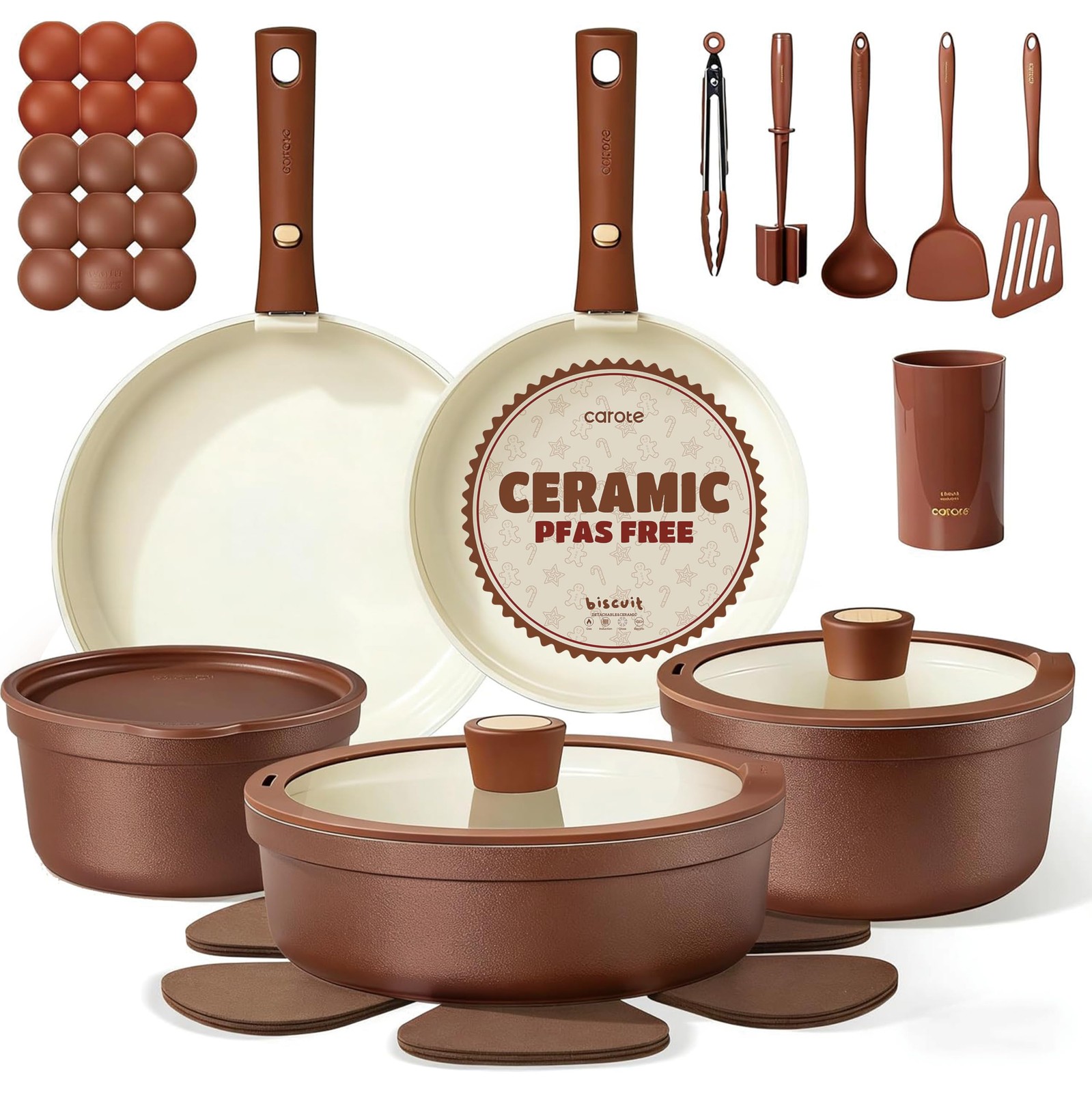 22Pcs Ceramic Cookware Set, Pots and Pans Set Non Stick Removable Handles, No…