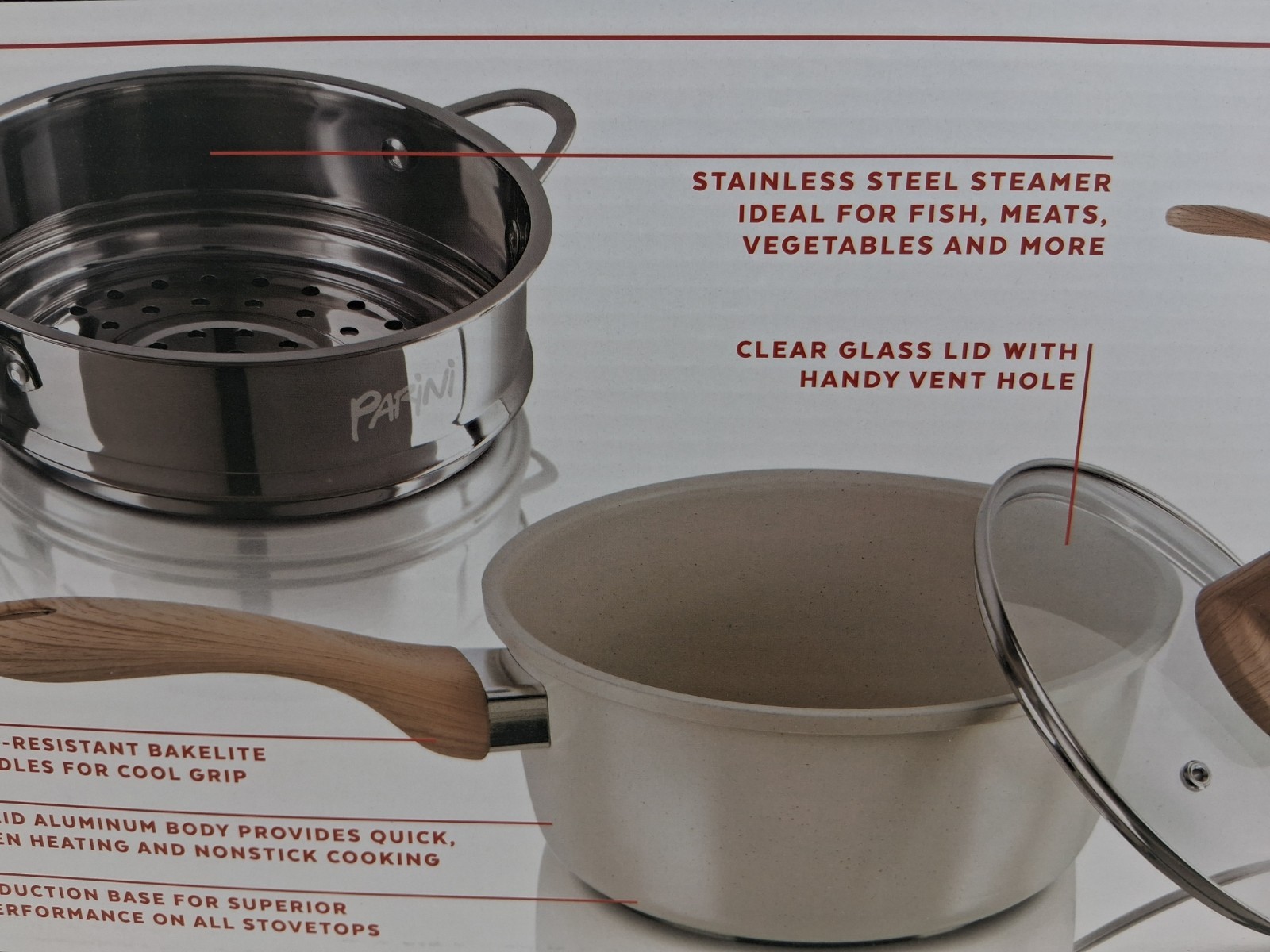 PARINI Aluminum Nonstick Saucepan & Steamer Induction Base Glass Lid 2.1 qt NEW!