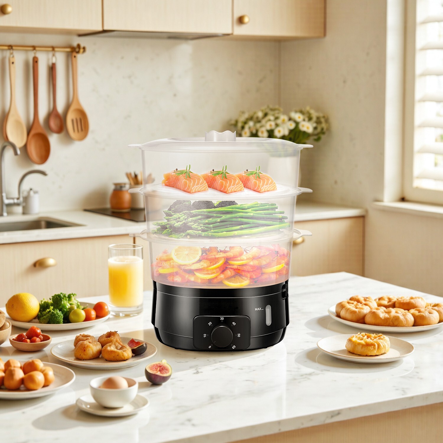 13.7QT Electric Steamer, 3-Tier , 800W, 60-Min Timer, for Veggies & Seafood