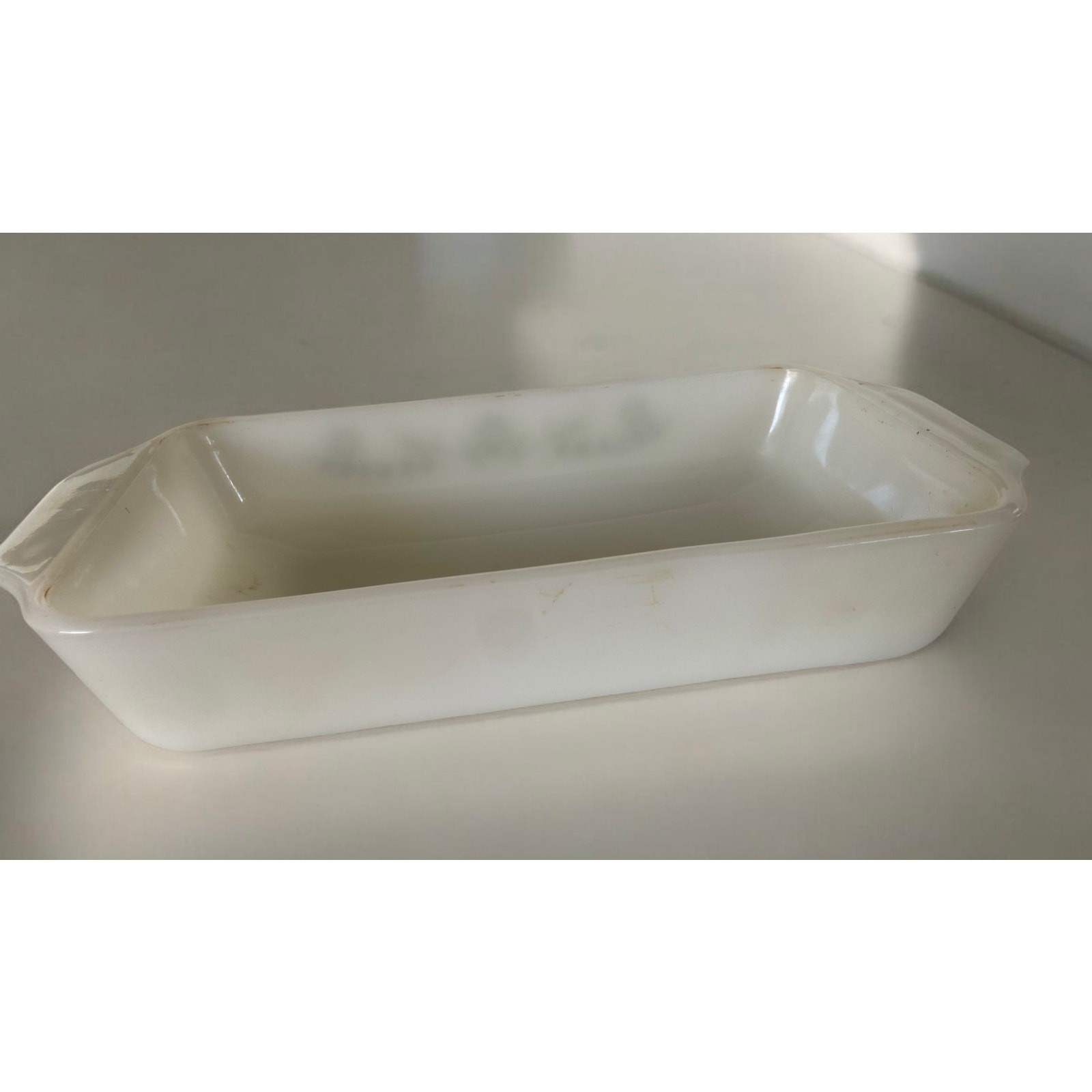 VINTAGE 70s Glasbake Green Floral Flower Print 1 QT Casserole Milk Glass Dish