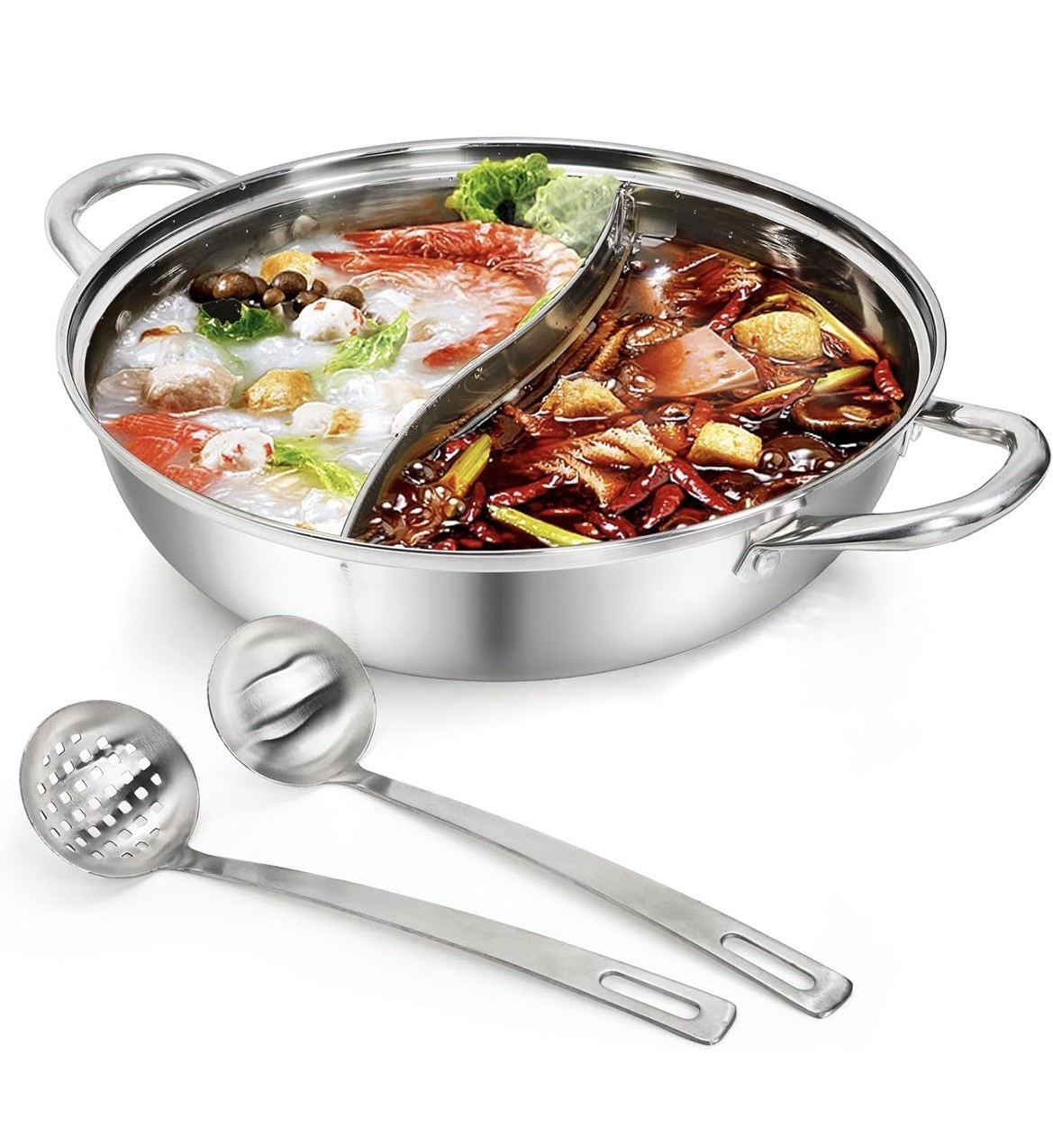 304 Stainless Steel Hotpot Pot with Divider, 12 Inches Double-Flavor Shabu Shabu
