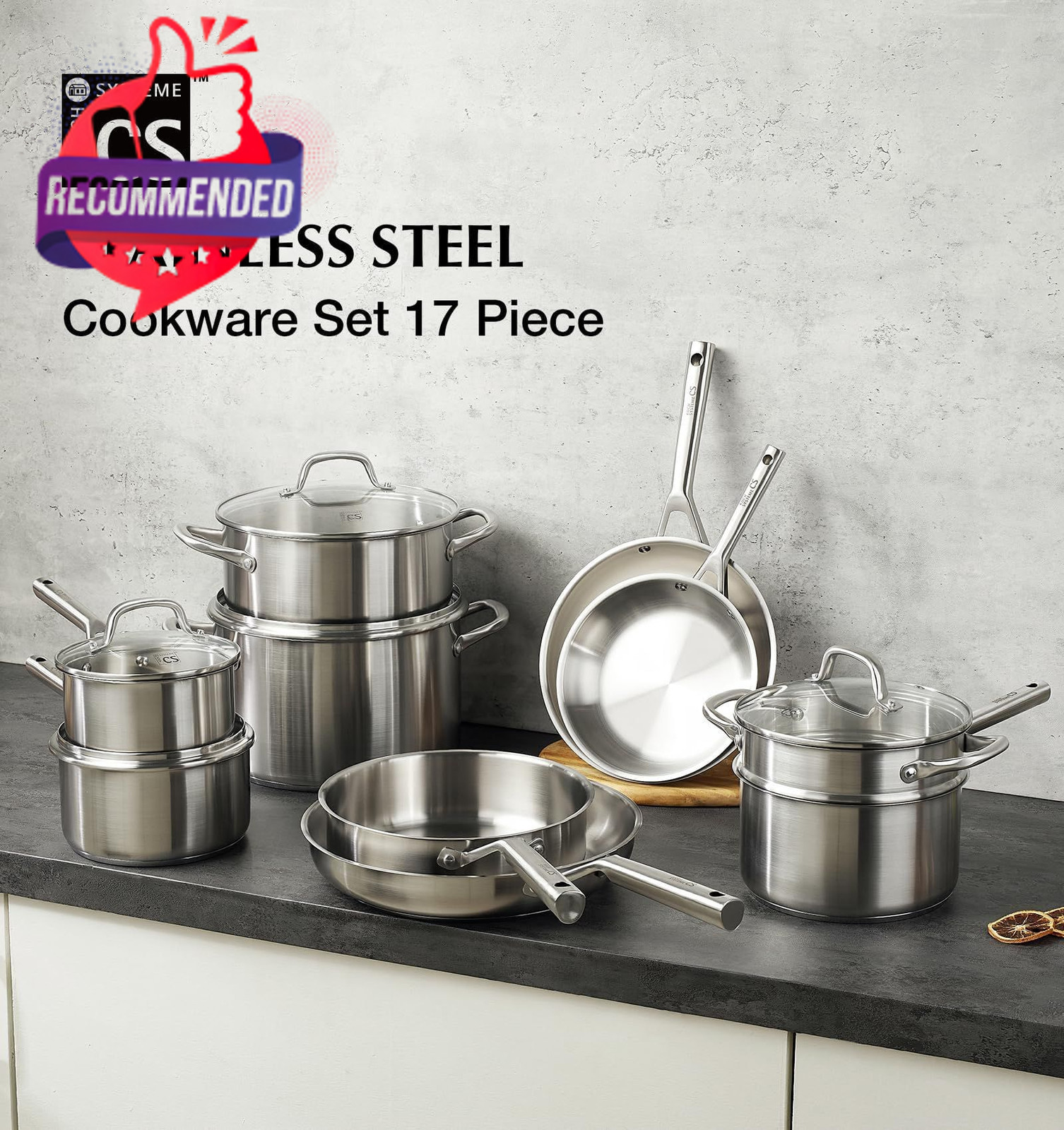 Stainless Steel Cookware Set 17 Piece, Professional 18/10 Stianless Steel Pots