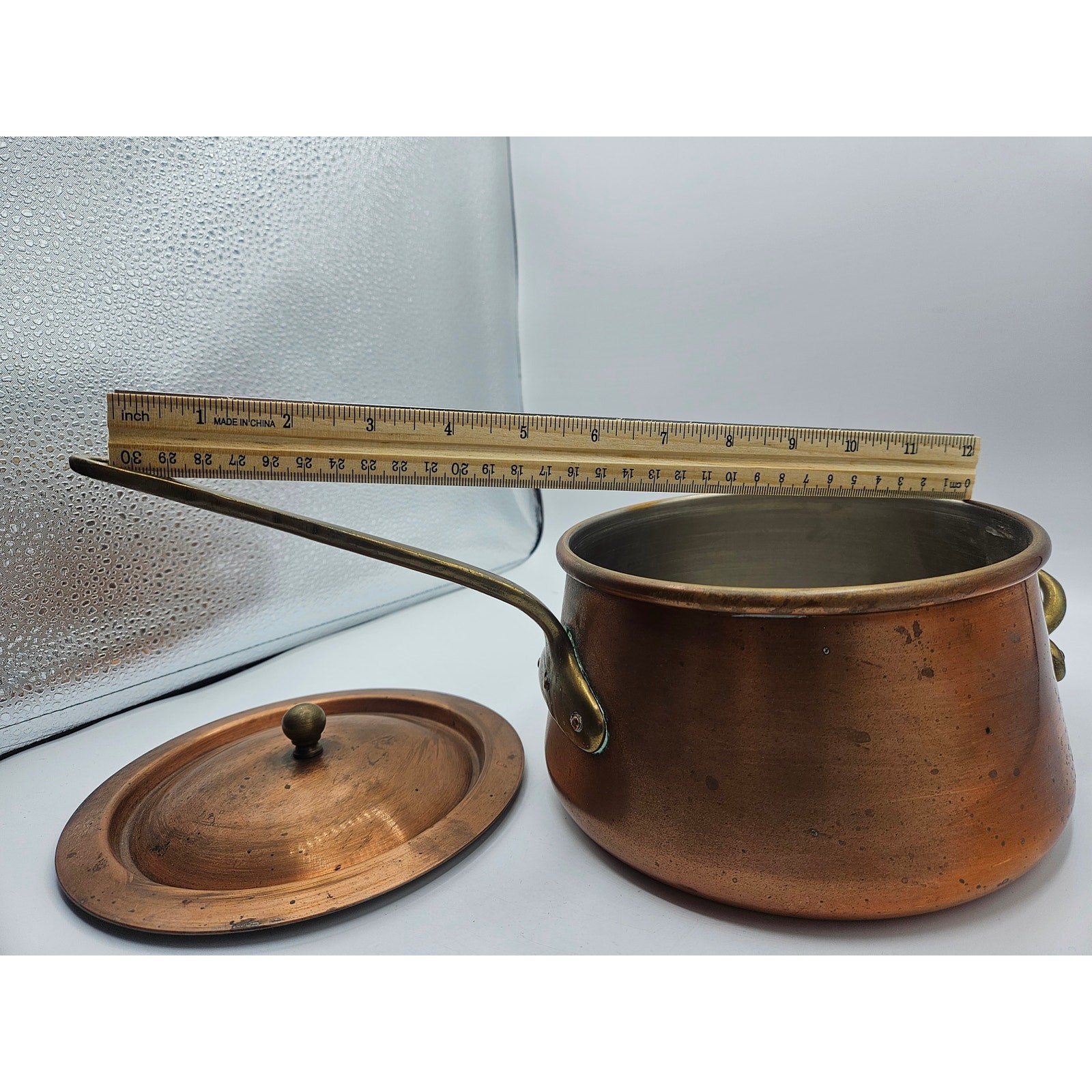 Vintage Hand Hammered Bombe Copper Saucepan Tin Lined Brass Handles 6.5″ Lid