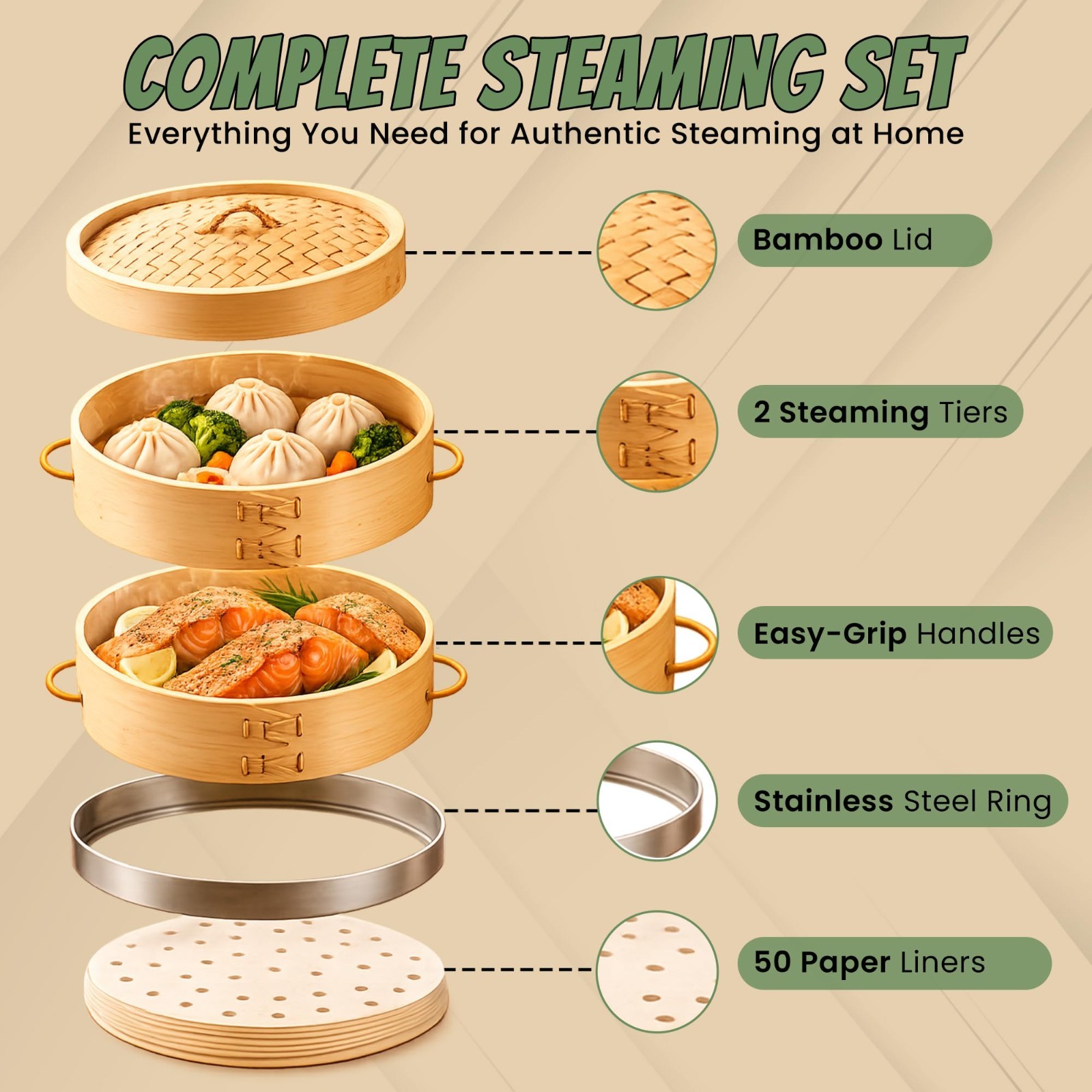 10″ 2-Tier Bamboo Steamer Basket for Dumplings, Dim Sum & Asian Cuisine, Silicon