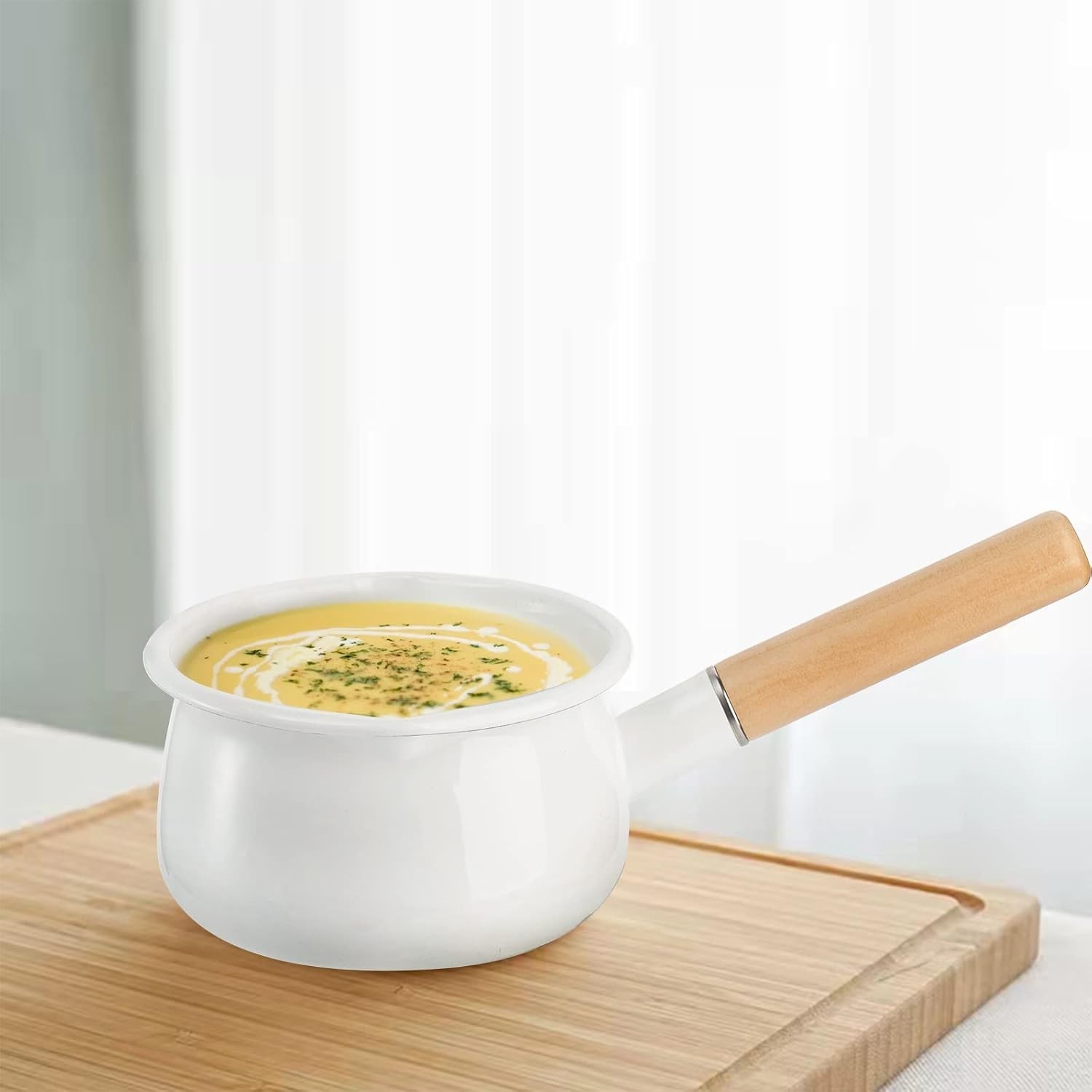 Jucoan 1 Quart Enamel Milk Pan White Dual Pour Spout Ergonomic Wooden Handle