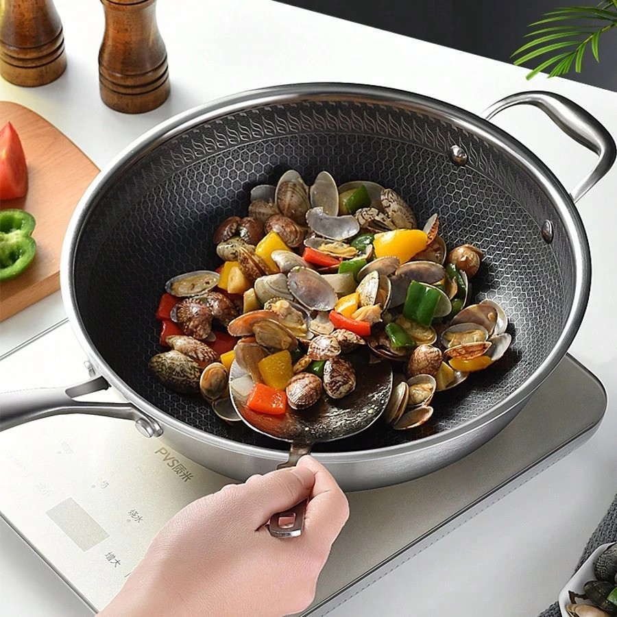 13.3 Inch Stainless Steel Wok Pan with Lid Honeycomb Nonstick Frying Pan