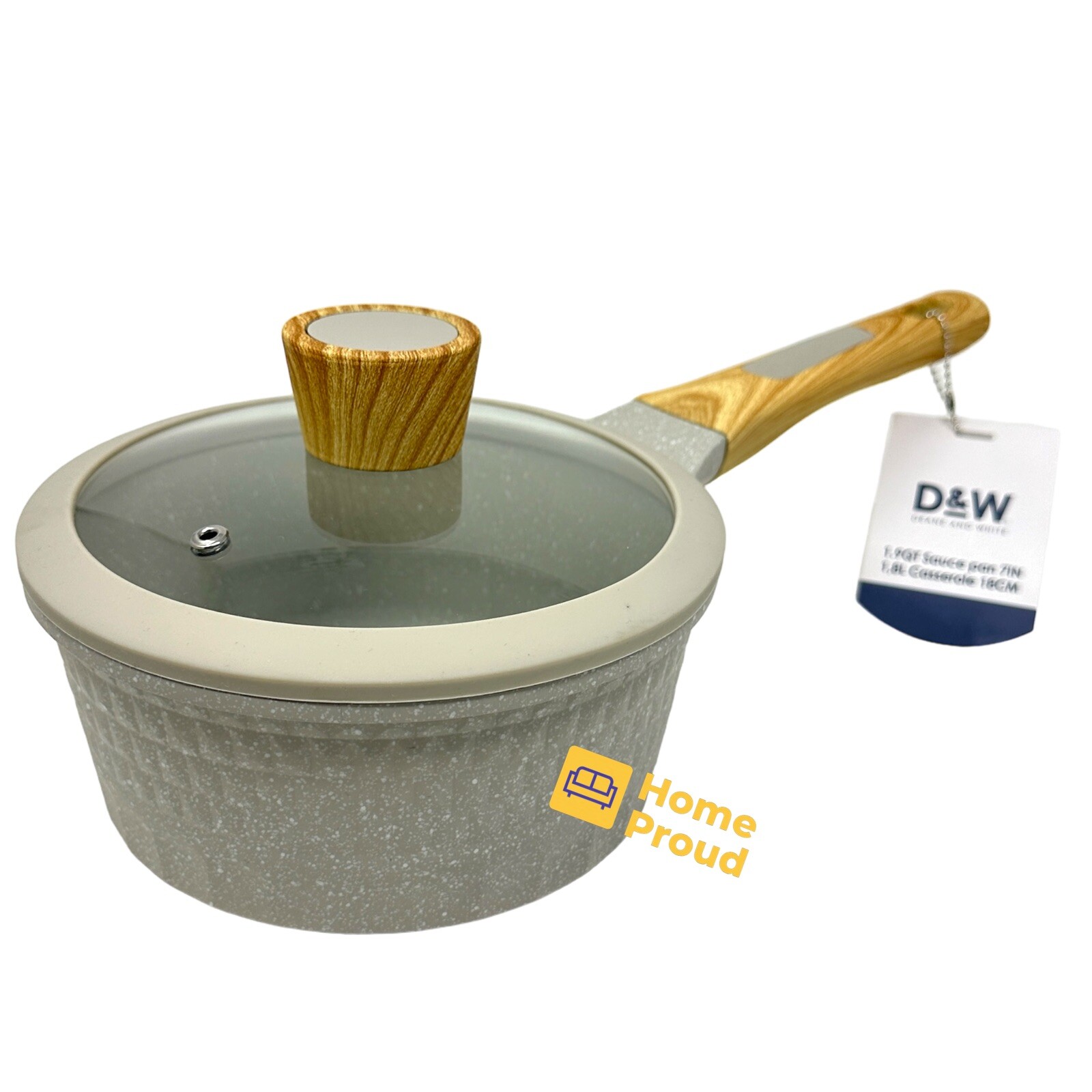 D&W Saucepan Casserole Pot NonStick With Lid 7 inch Small StockPot 1.9 Qt Beige