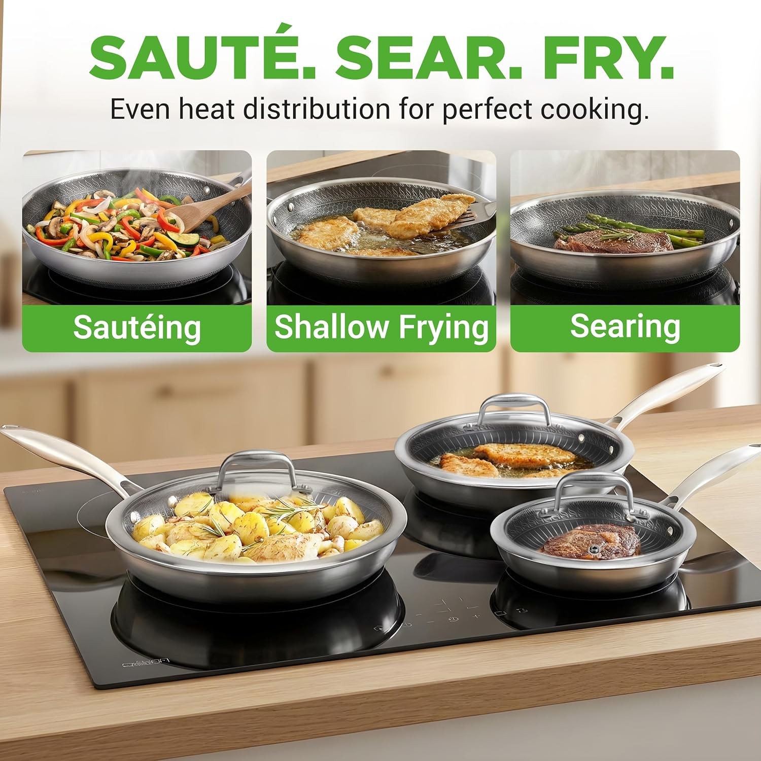 NutriChef 7-Piece Tri-Ply Stainless Steel Frying Pan Set & Wok – Nonstick, Ind