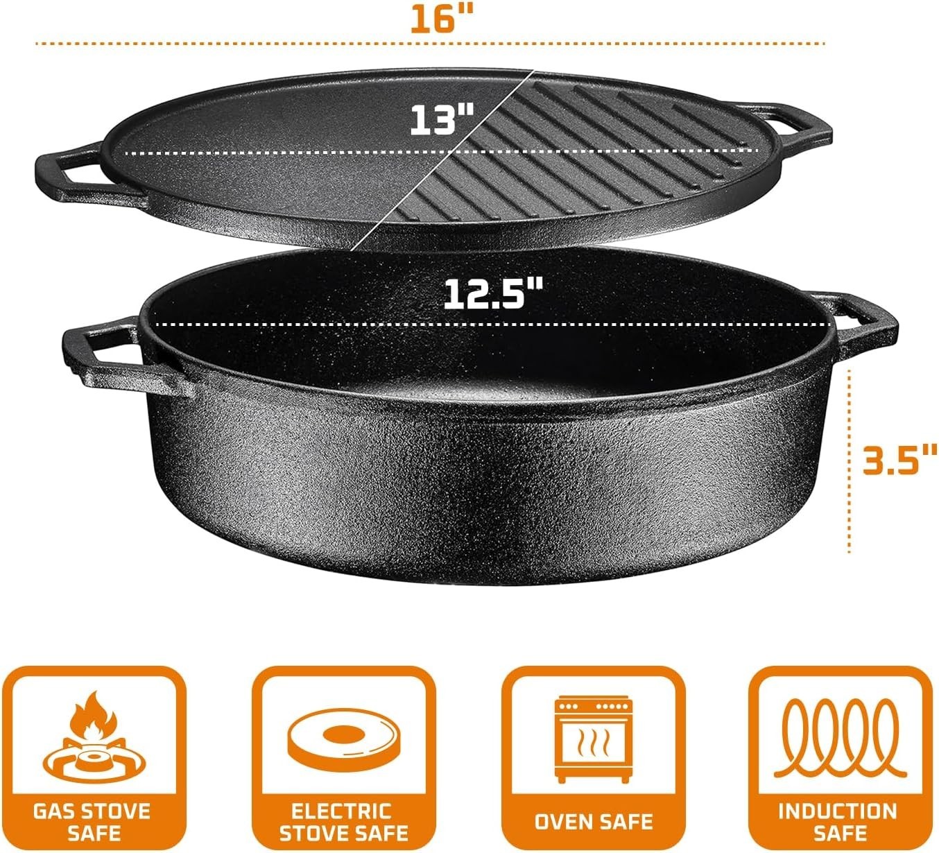 6.8 Quart Cast Iron Skillet W/ Reversible Grill Griddle Lid 3-in-1 Round