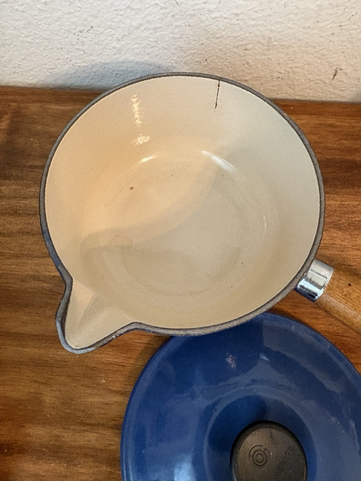 LE CREUSET Blue Enamel SAUCEPAN w LID & Wood Handle #14