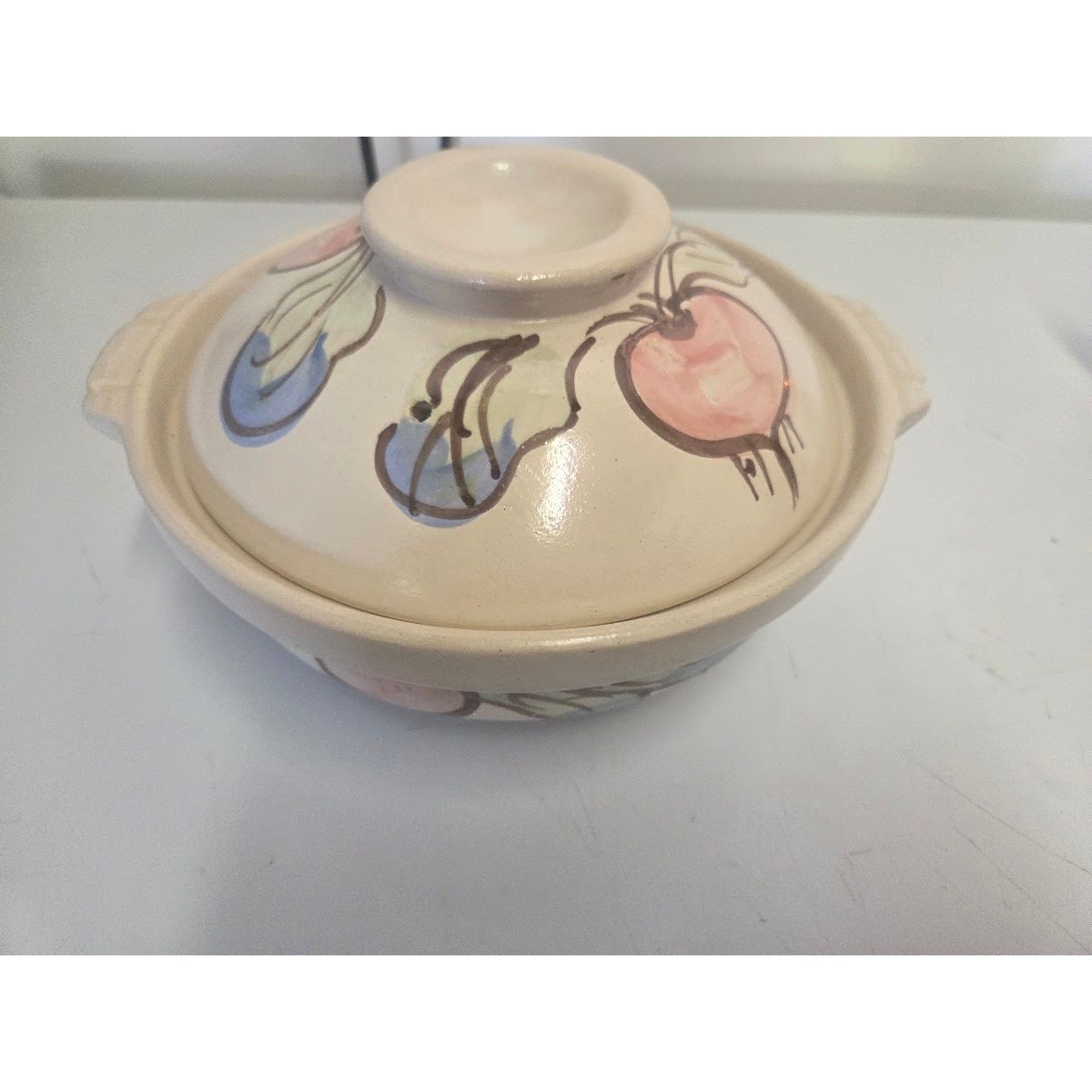Vintage Donabe Japanese Clay Pot Hand Painted Vegetable Design Ceramic Casserole