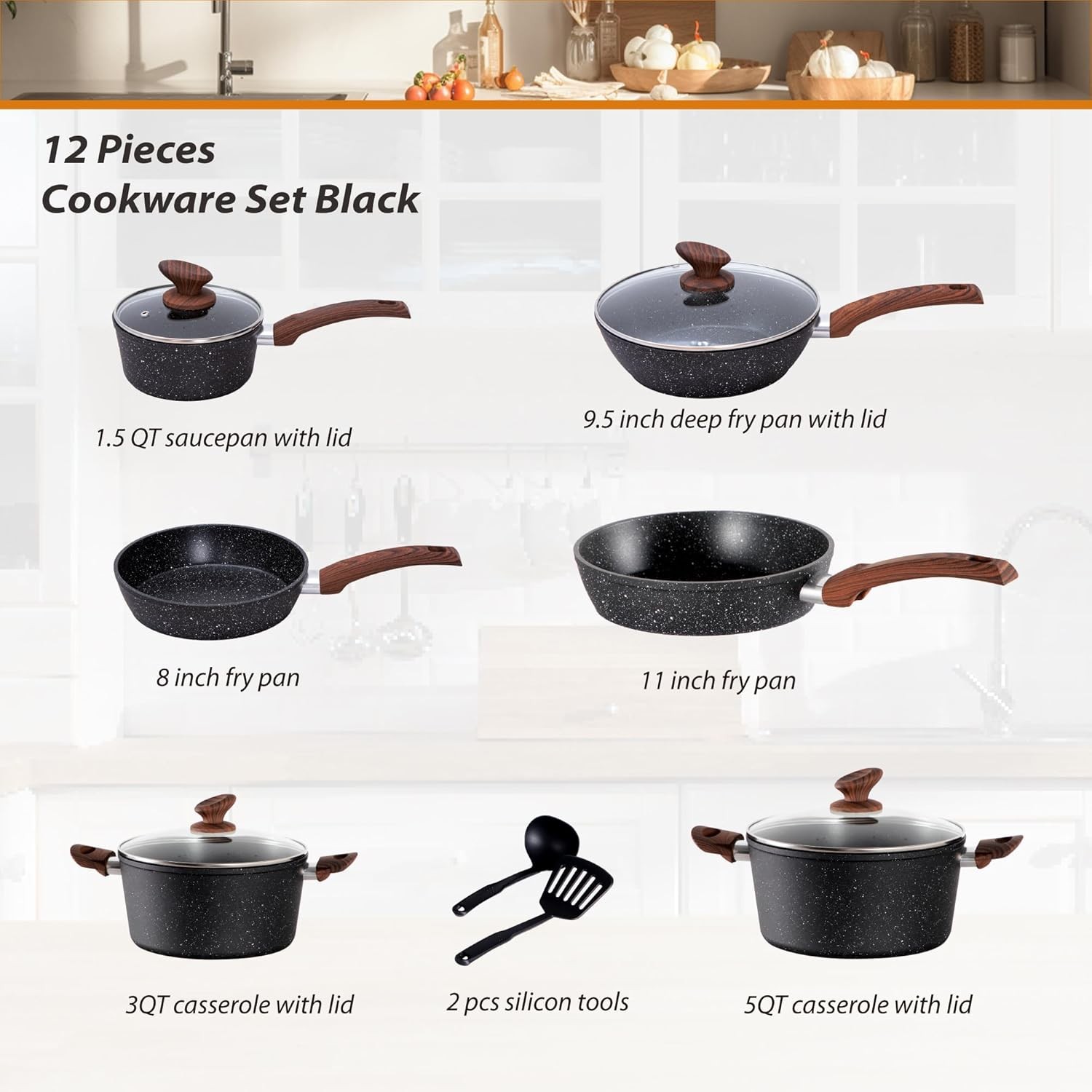Induction Pots and Pans Set Non Stick 12 Piece Nonstick Kitchen Cookware Sets