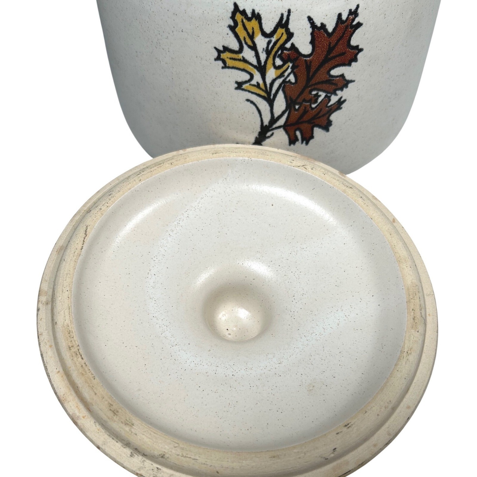 West Bend Stoneware Bean Pot Lidded Crock Autumn Leaf Acorn Speckled Cream USA