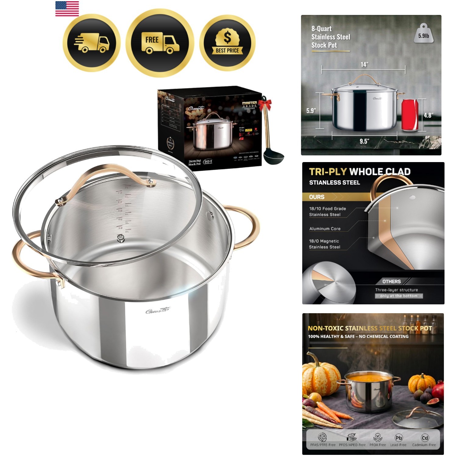 8 Quart Stock Pot, 3 Ply Whole Clad Stainless Steel Stock Pot, 8 QT Cooking P…