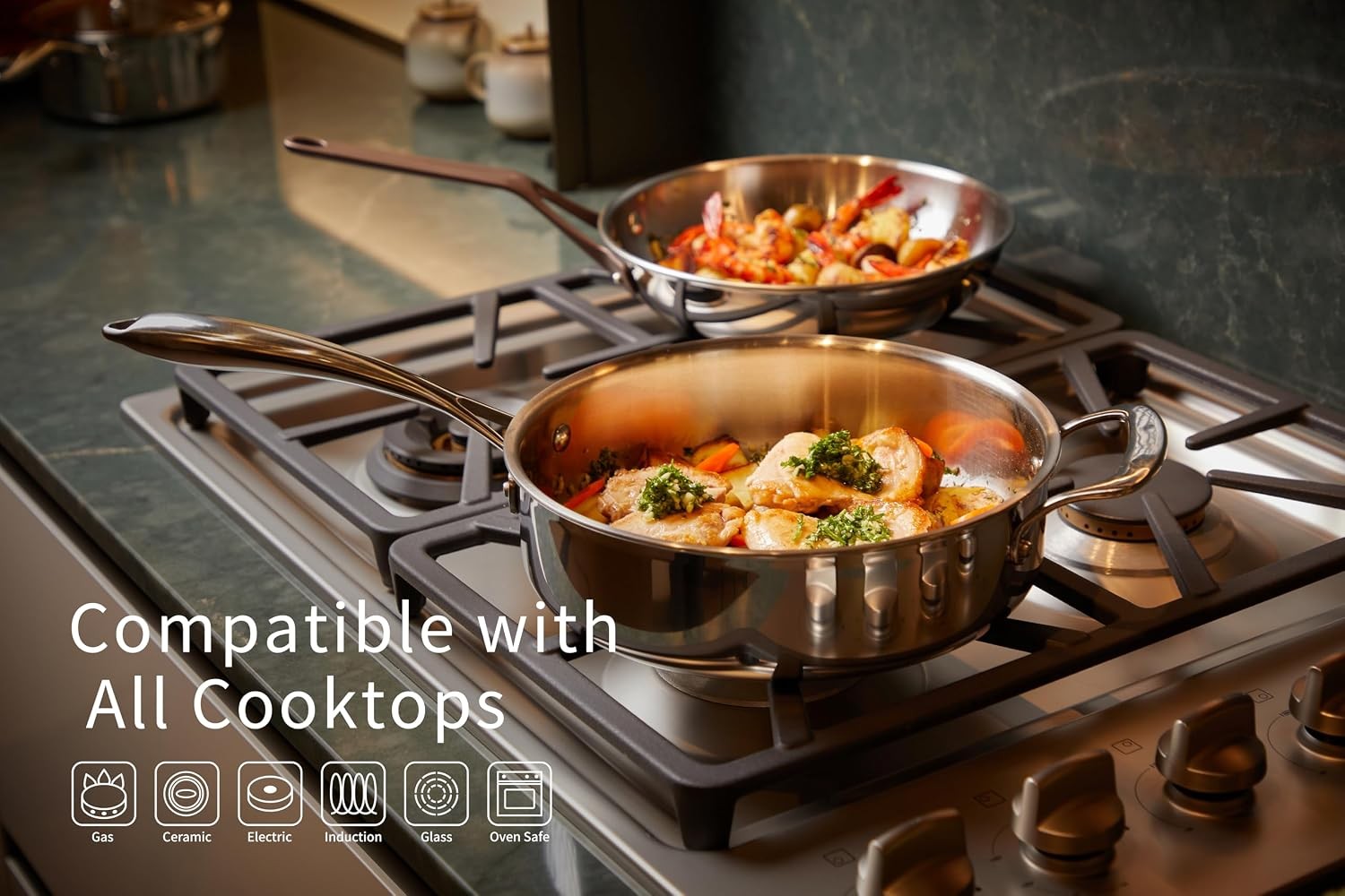 12 Inch/ 4.5 QT 5-Ply Stainless Steel Saute Pan with Glass Lid | Compatible with