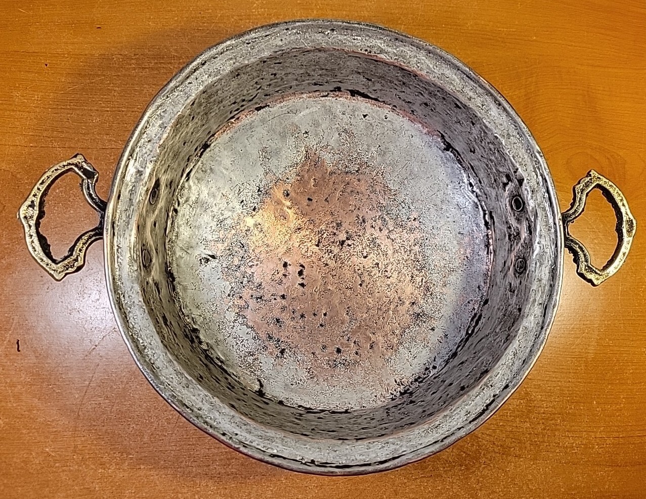 Antique French Copper Saucepan Brass Handles Tin Lined 19th century 10.5″ Diam.