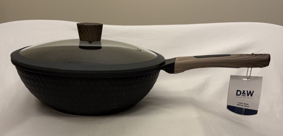 D&W Deane & White Wok 12” Gray Non-Stick Long Wooden Handle NWT