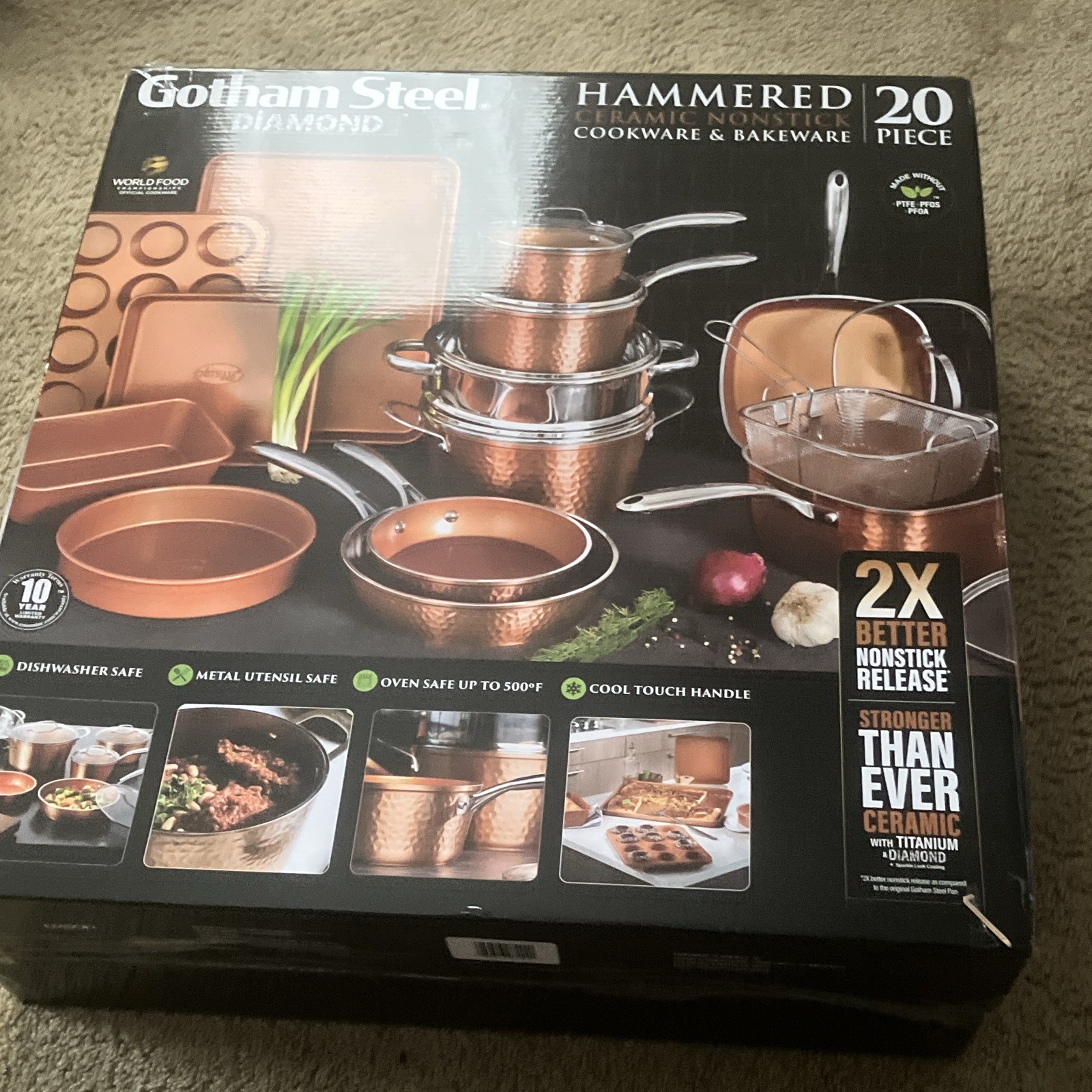 Gotham Steel Hammered Ceramic Nonstick 20pc Cookware Set Copper 500°F