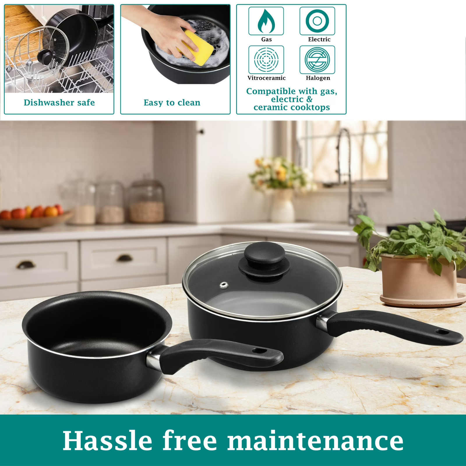 Mainstays 3 Piece Non-Stick Sauce Pans Black, 1Qt & 2Qt with Single Lid