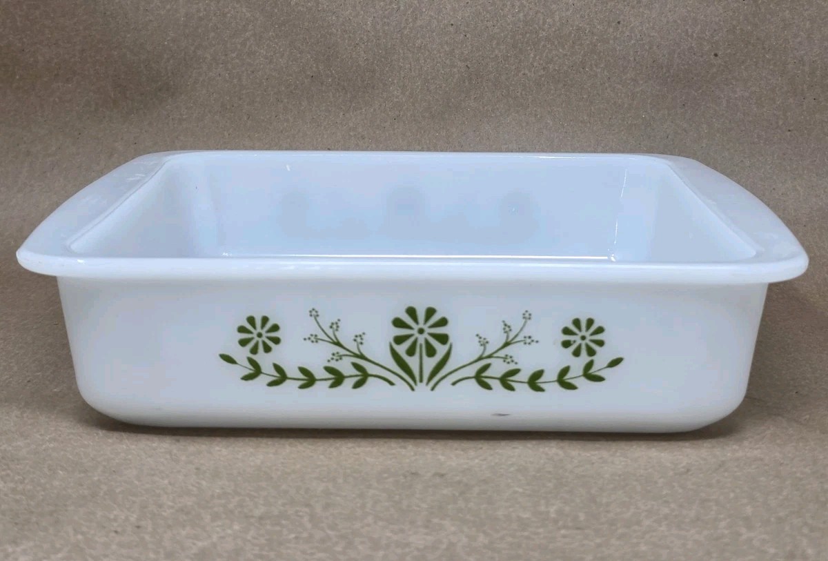 Vintage Glasbake Green “Crazy Daisy” Milk Glass 8” x 8” Square Casserole Dish