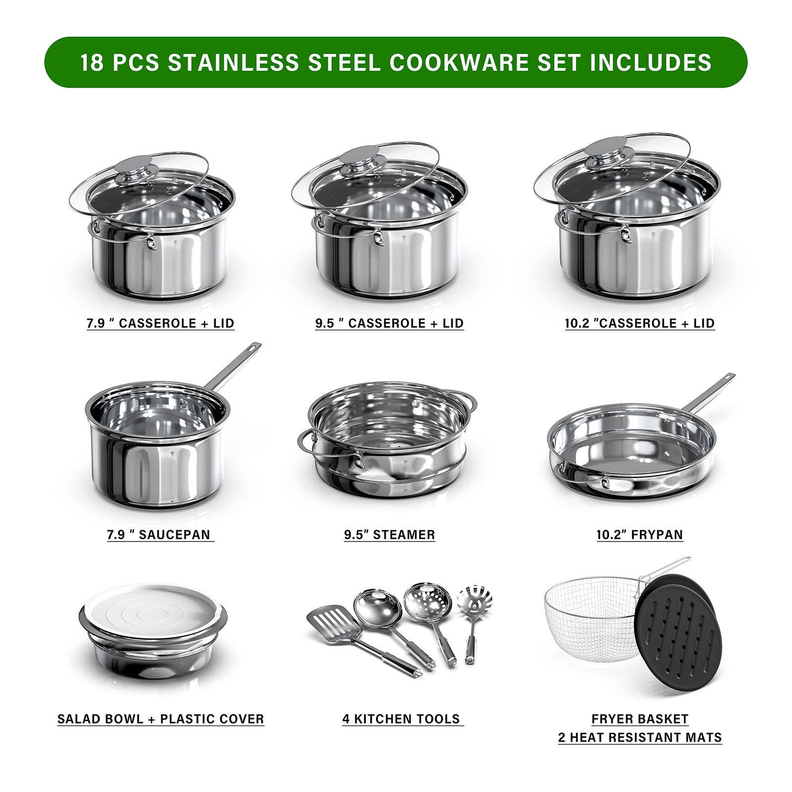 Yssoa 18-Piece Stainless Steel Kitchen Cookware Set Including Saucepan