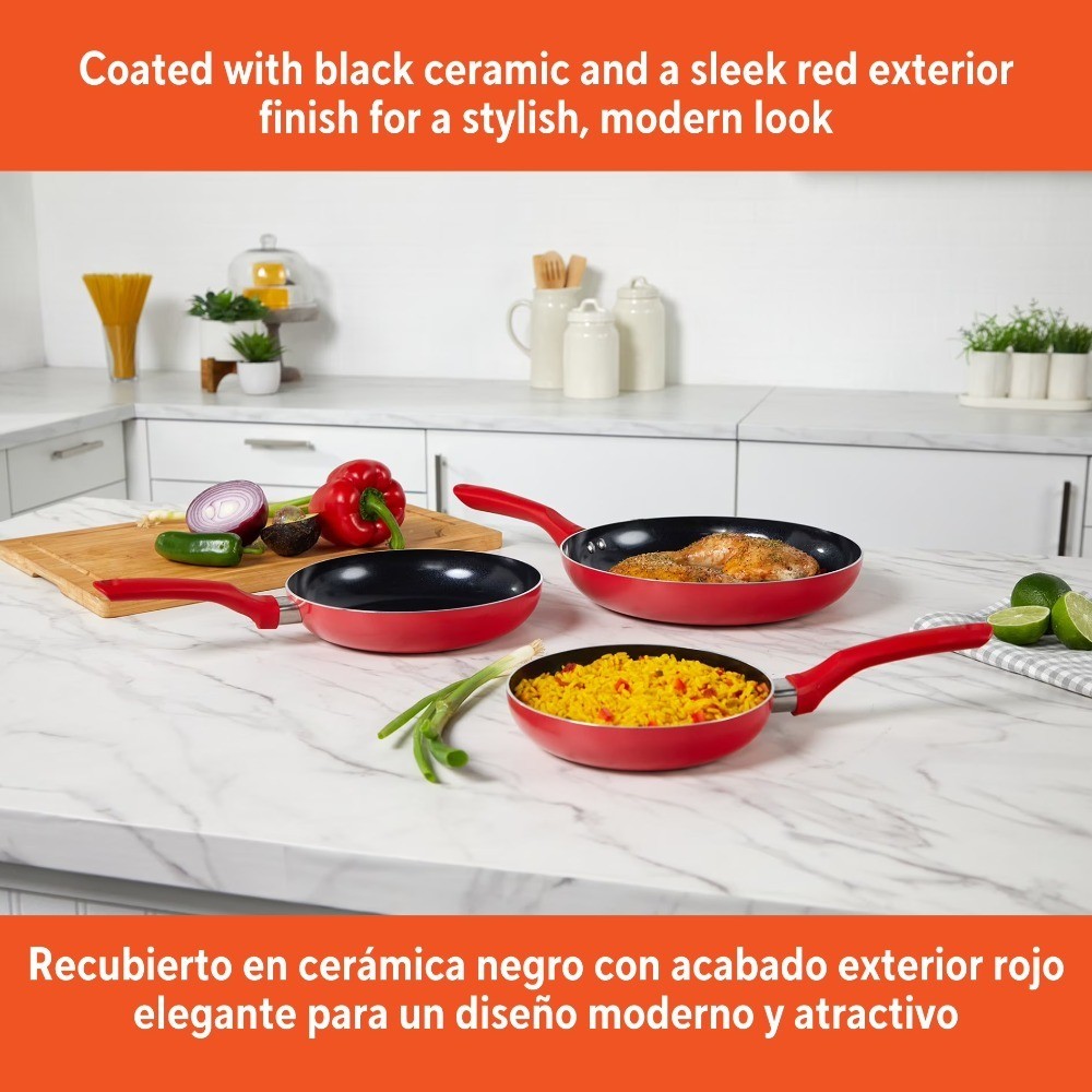 Nonstick Ceramic Cookware Set 3-Piece Red Aluminum Stay-Cool Handles Skillets 7