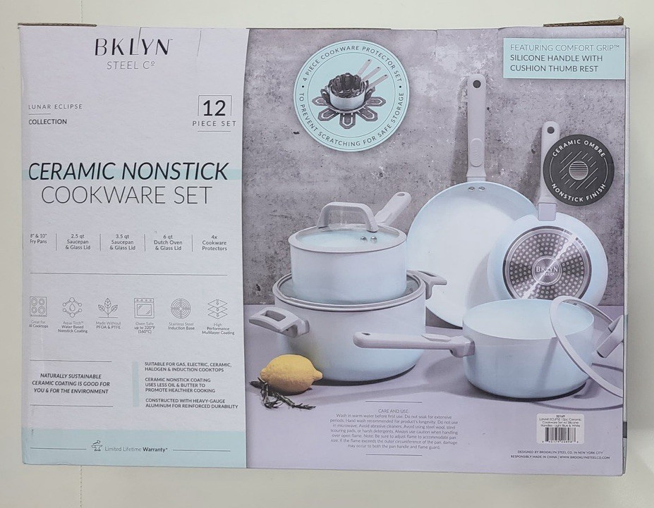 BKLYN Steel Co Lunar Eclipce Ceramic Nonstick Cookware Set 12 Pc Light Blue