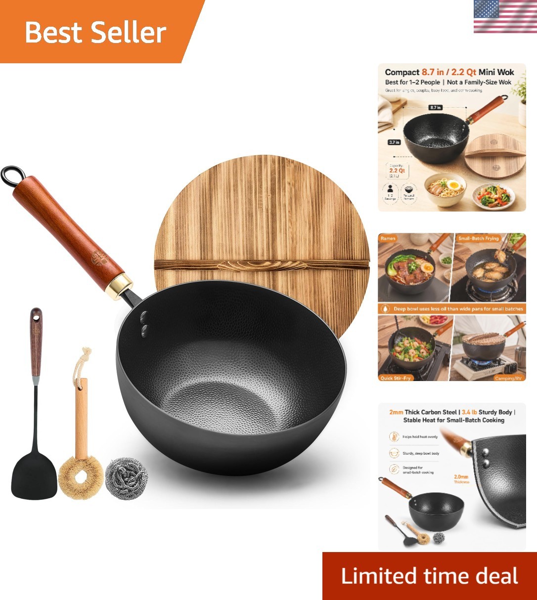 Compact 2.2 Qt Carbon Steel Wok – Ideal for Solo Cooking with Detachable Handle