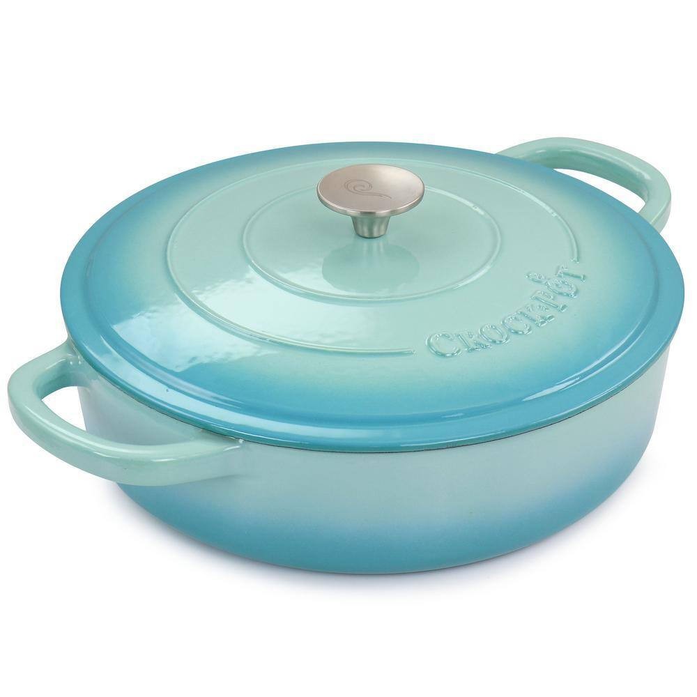 Crock Pot Artisan 5 Quart Enameled Cast Iron Braiser Pan w Lid in Gradient Aqua