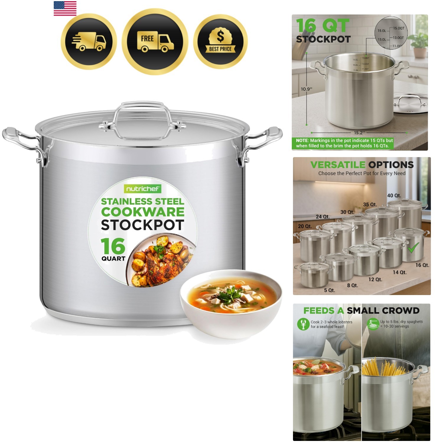 Stockpot Stainless Steel Large Soup Stew Stock Cooking Pot 16 Quarts
