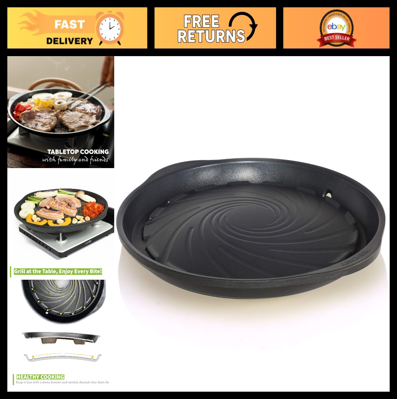 Korean BBQ Nonstick Grill Pan – PFOA-Free, Dishwasher & Oven Safe, Black
