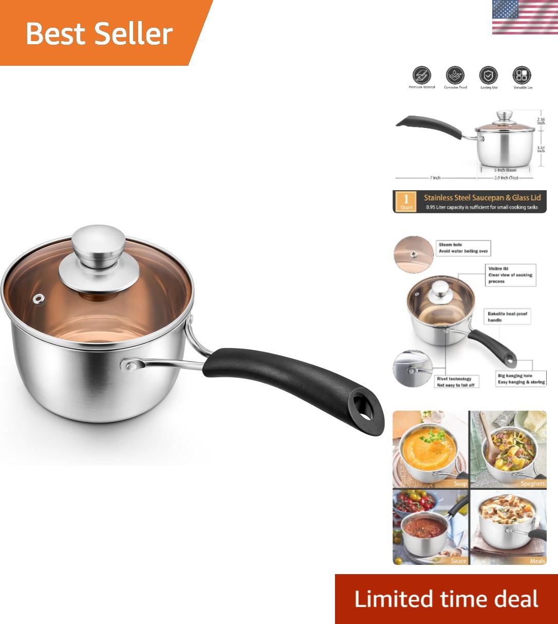 1 Quart Saucepan Small Pot, Stainless Steel Saucepan with Lid, Small Sauce Pa…