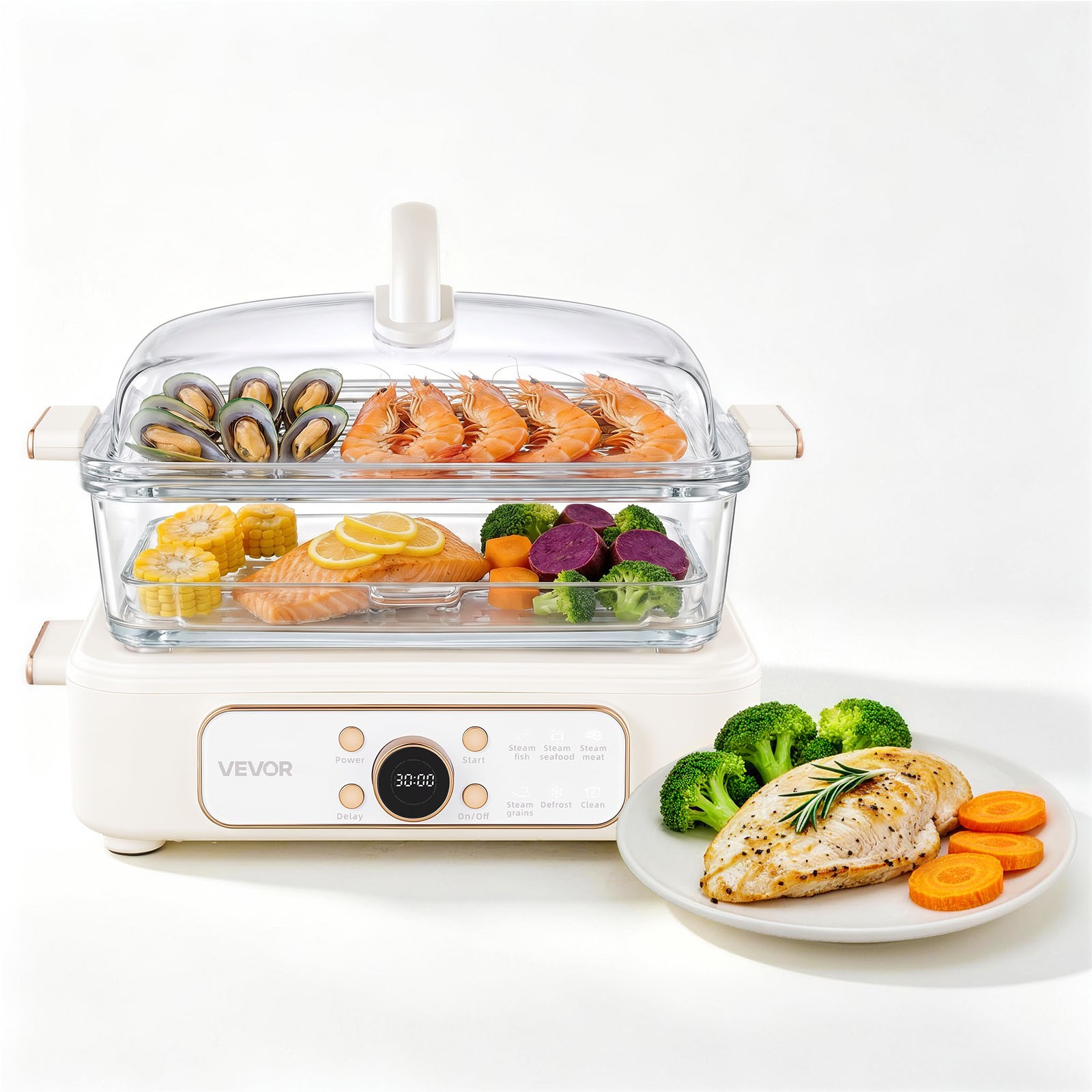 VEVOR Electric Food Steamer 6.3 QT Glass Vegetable Steamer with 2-Tier Trays