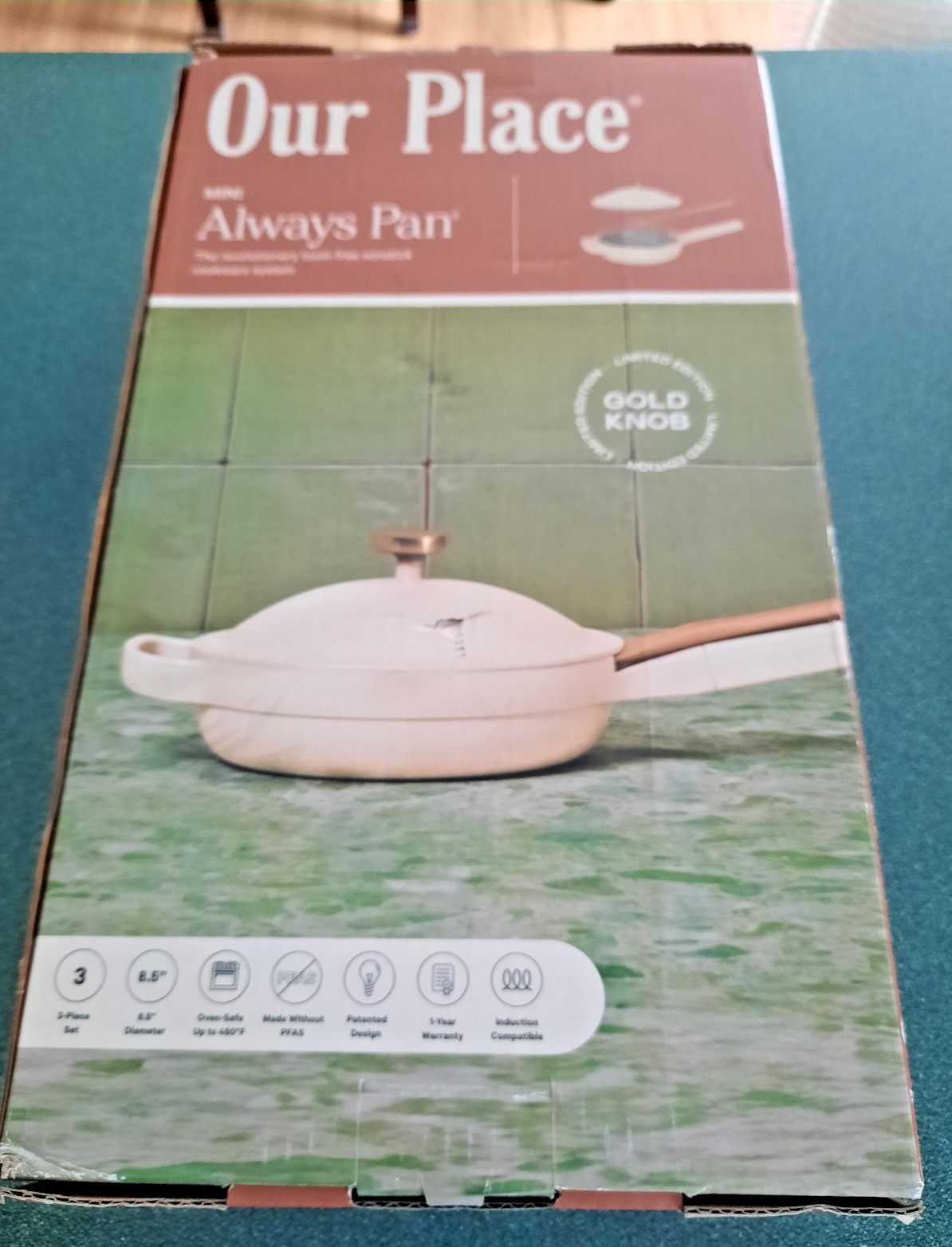 OUR PLACE ALWAYS PAN SET 8.5 DIAMETER CERAMIC NON STICK MINI GOLD KNOB BRAND NEW