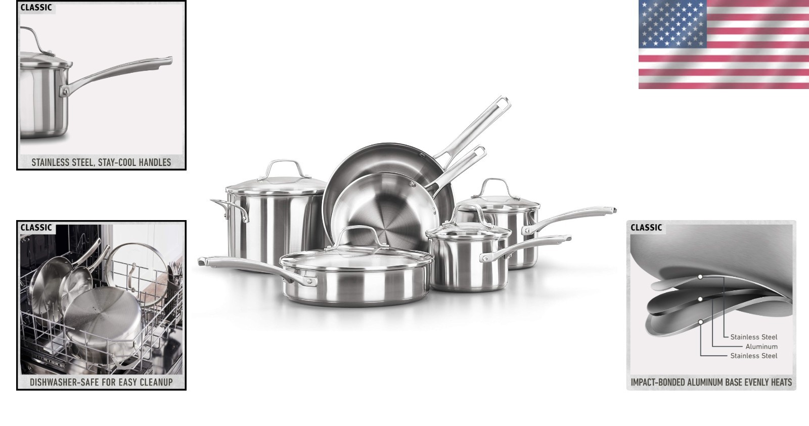 Classic Stainless Steel Cookware Set, Oven Safe 450F, Silver