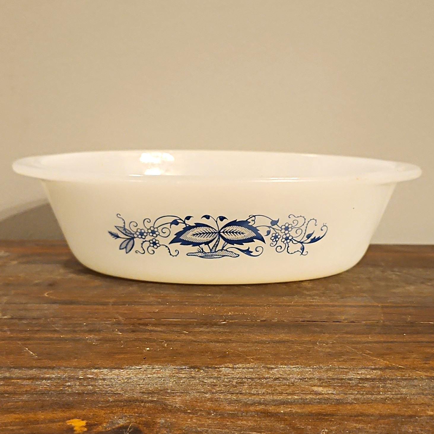 Glasbake 1 Qt Oval Casserole Dish White Blue Floral Glass Microwaveable