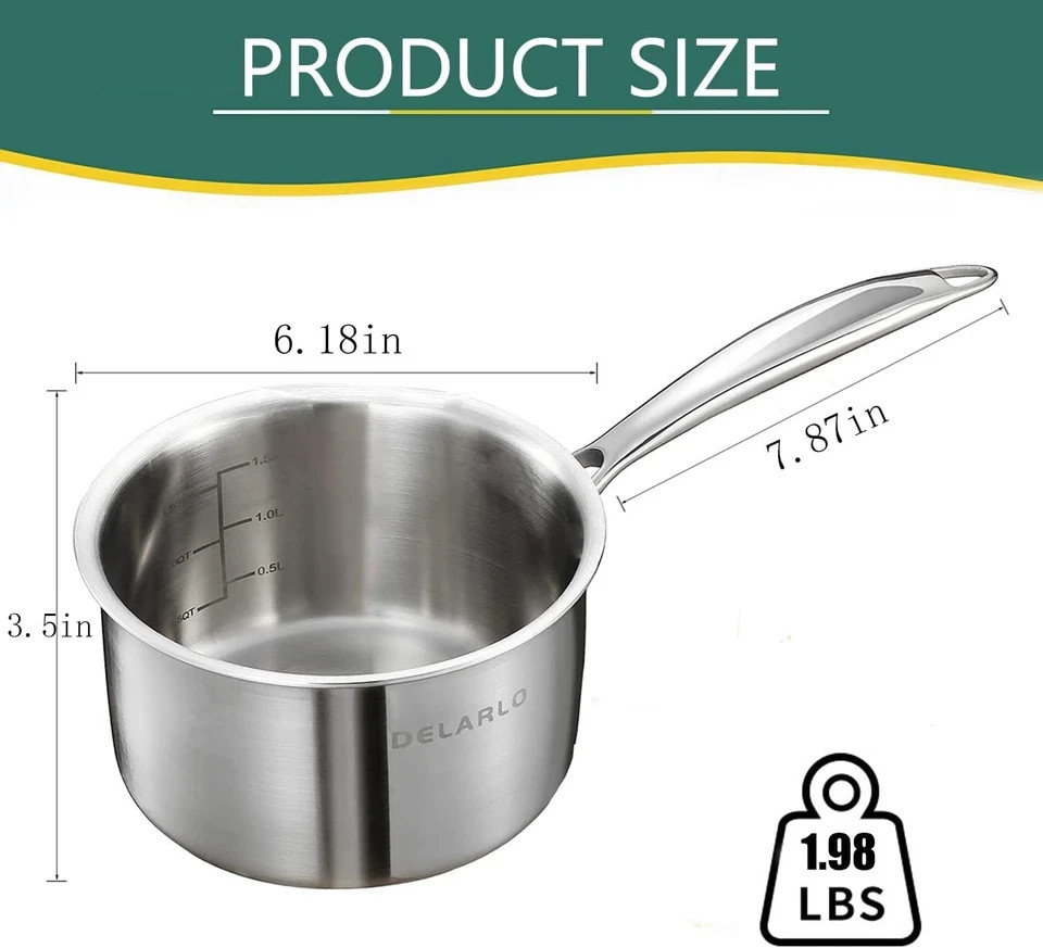 DELARLO Tri-Ply Stainless Steel 1 Quart Saucepan with Lid, Compatible 1.0QT