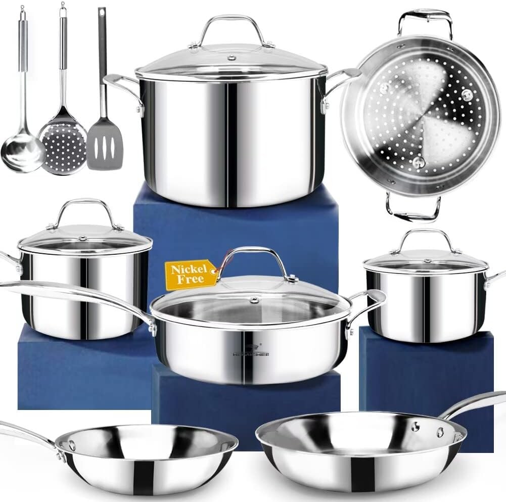 HOMICHEF 14-Piece Nickel Free Stainless Steel Cookware Set Whole-Clad 3-Ply – Mi
